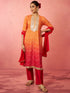 Women's Orange Muslin Bandhani Kurta Set with Straight Pants & Dupatta