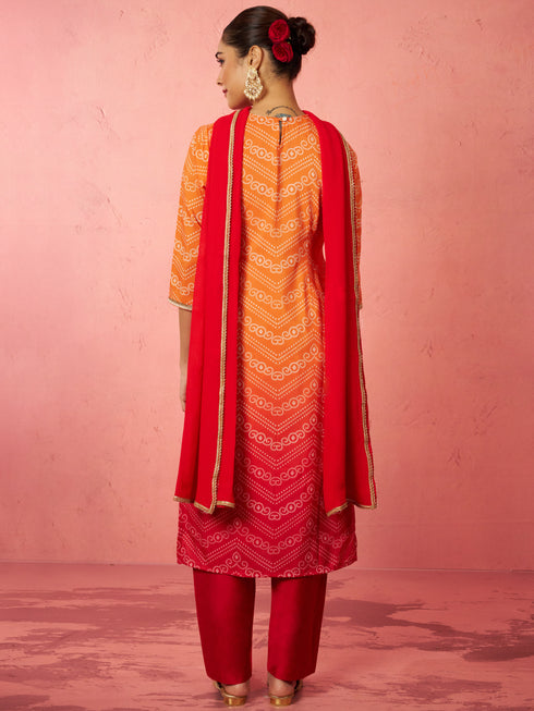 Women's Orange Muslin Bandhani Kurta Set with Straight Pants & Dupatta