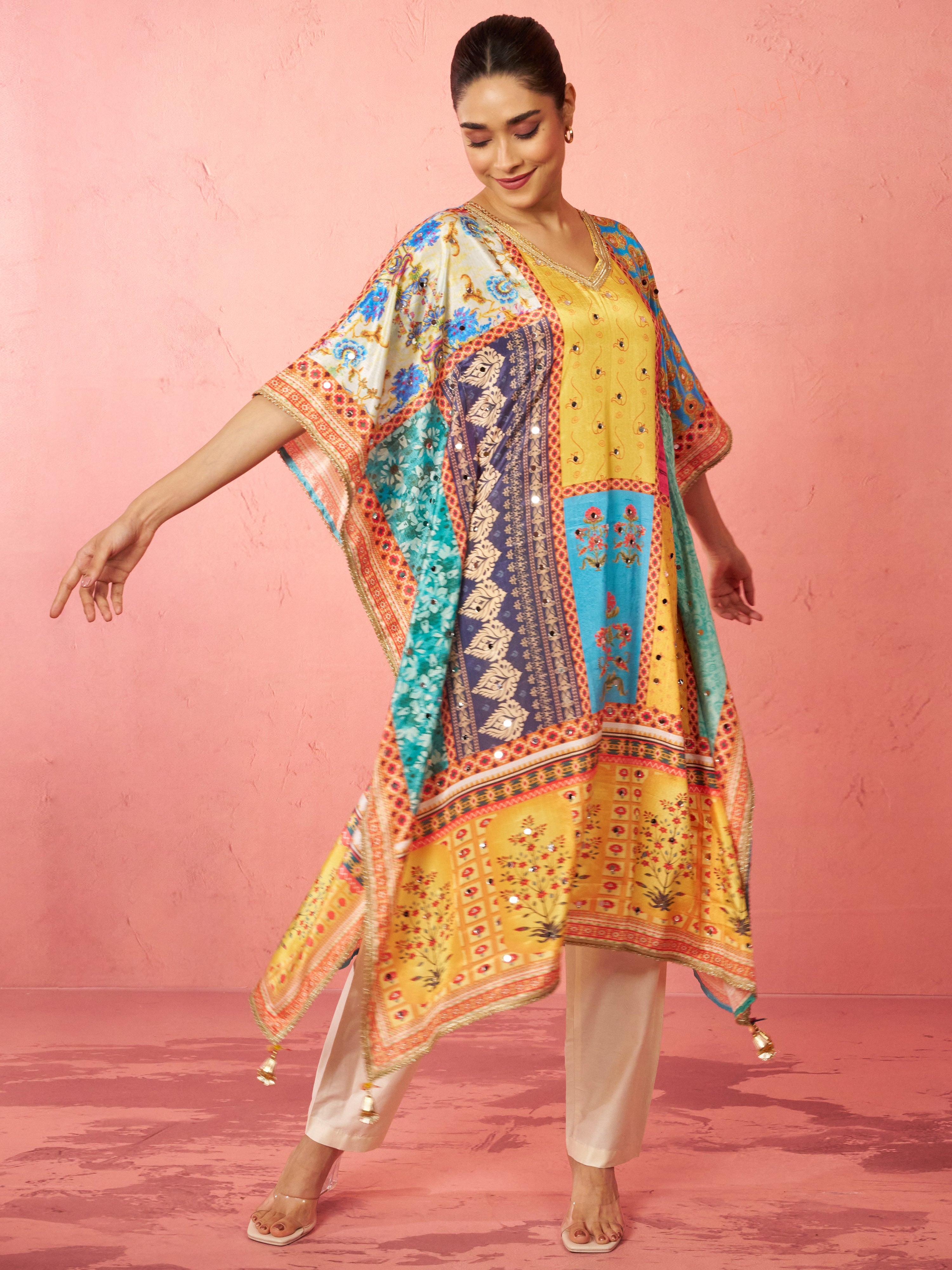 Women's Multicolour Chinon Kaftan Kurta Set