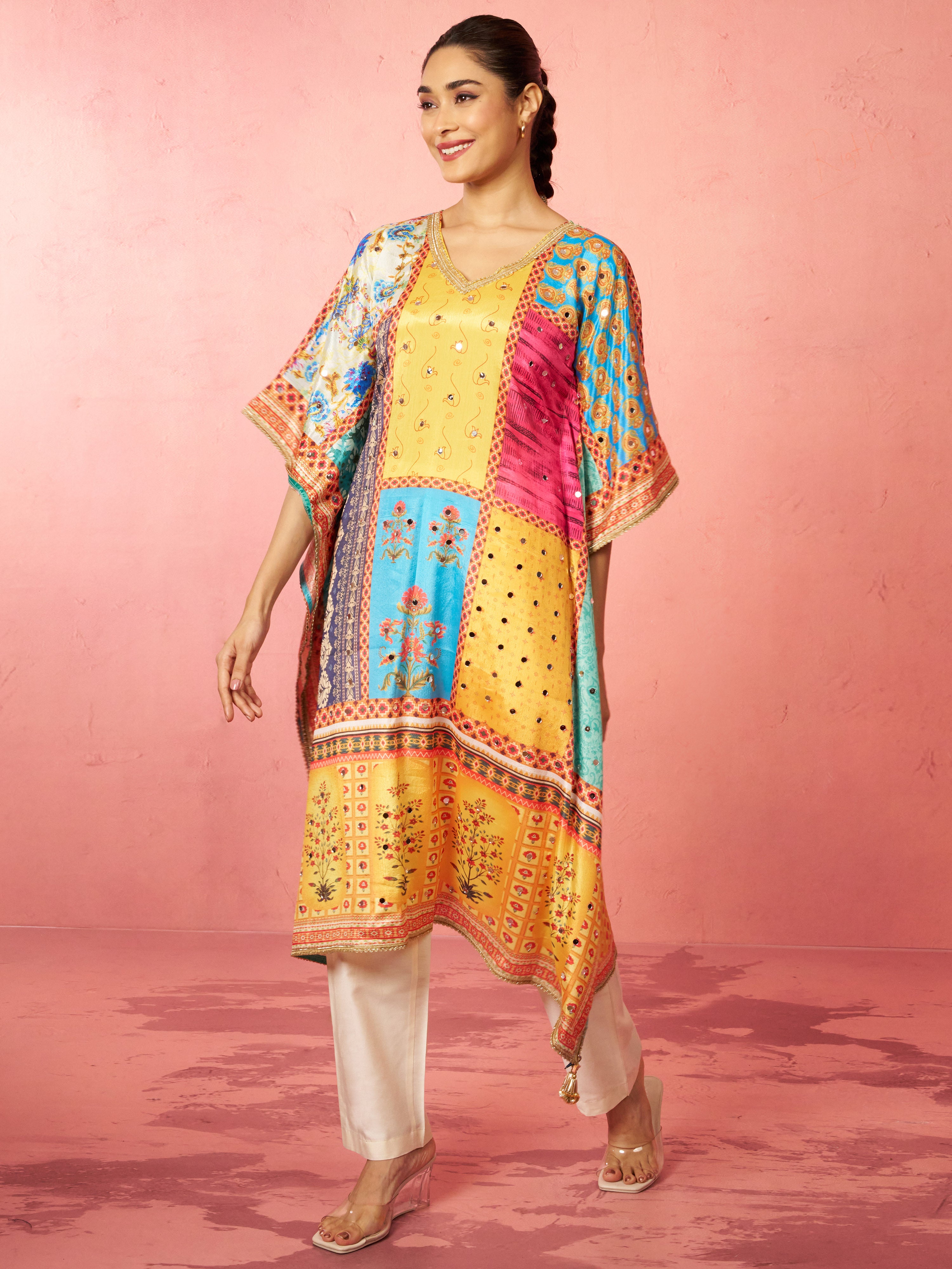 Women's Multicolour Chinon Kaftan Kurta Set