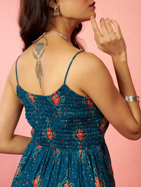 Women's Blue Chinon Sequin Anarkali Set with Palazzo