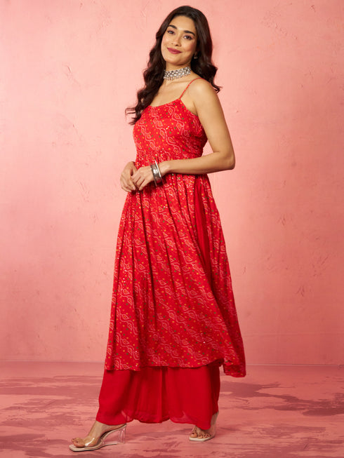 Women's Red Chinon Sequin Anarkali Set with Palazzo