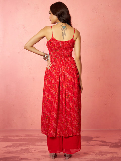 Women's Red Chinon Sequin Anarkali Set with Palazzo