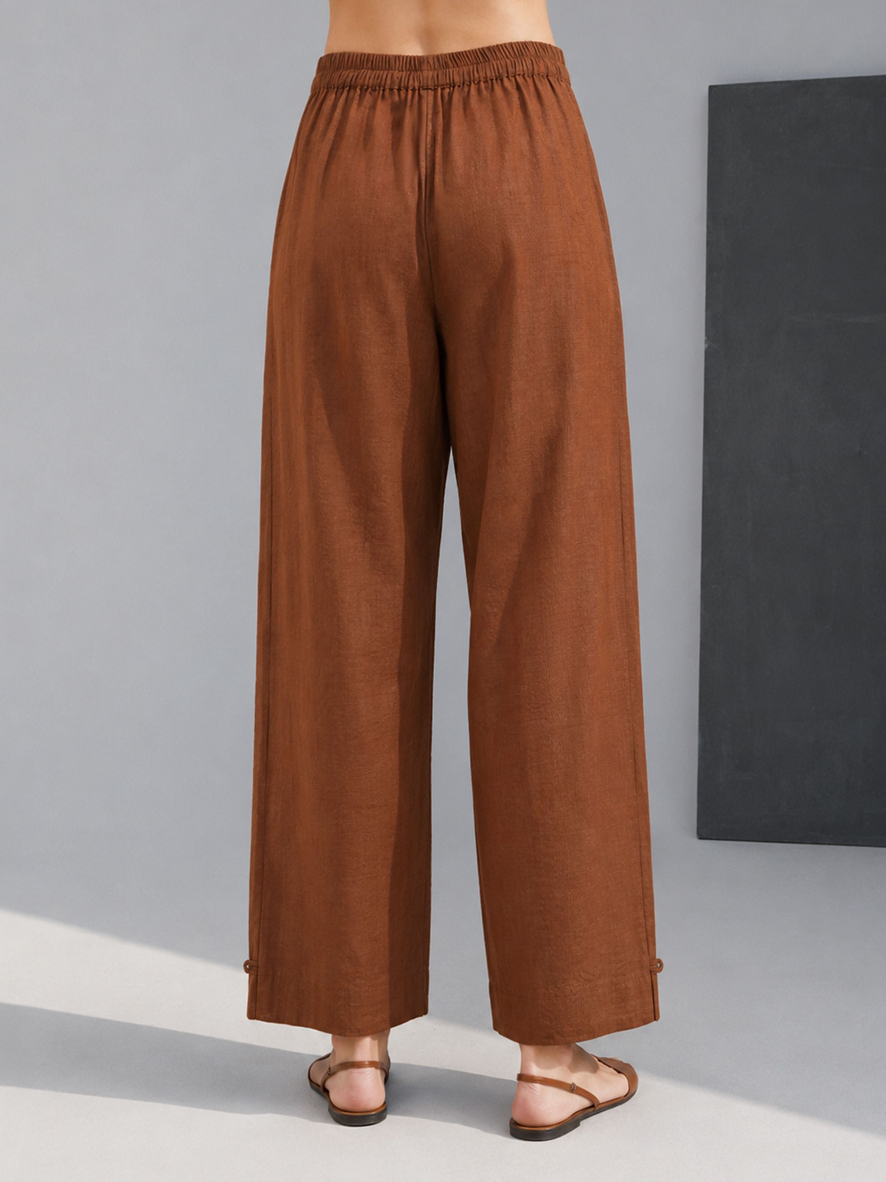 Women's Brown Cotton Solid Wide-Leg Straight Pant