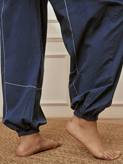 Women's Navy Blue Cambric Embroidered Joggers Yoga Pants