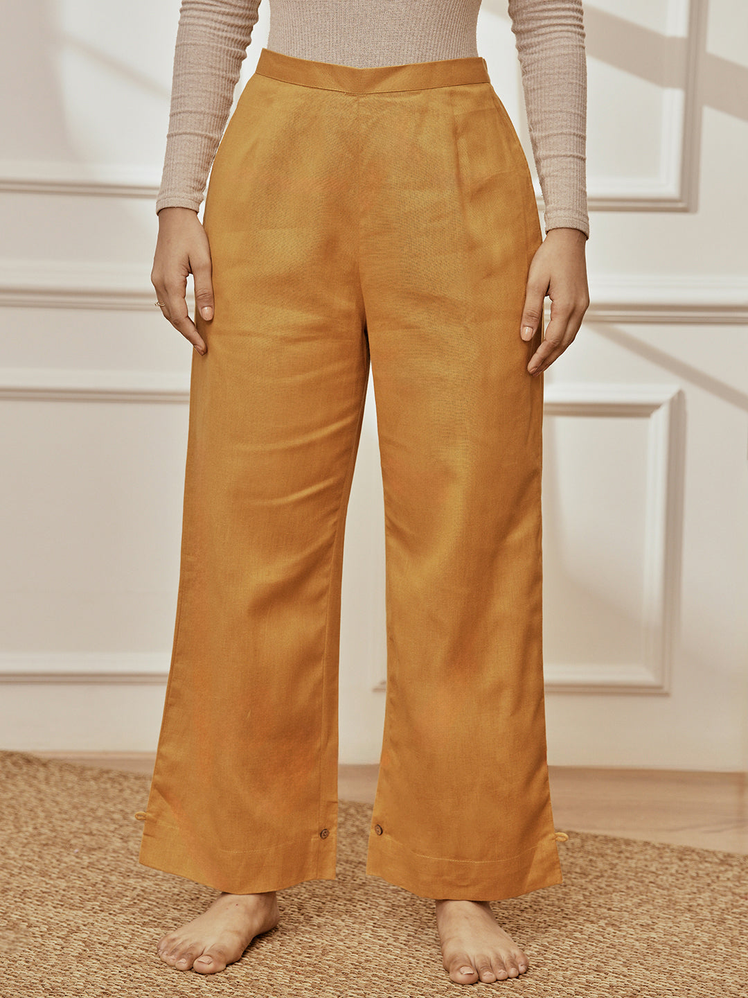 Women's Dusty Saffron Cotton Linen Straight Yoga Pants