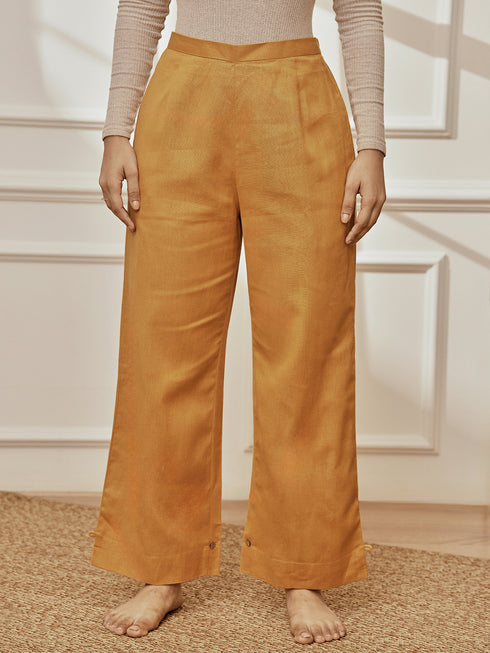 Women's Dusty Saffron Cotton Linen Straight Yoga Pants