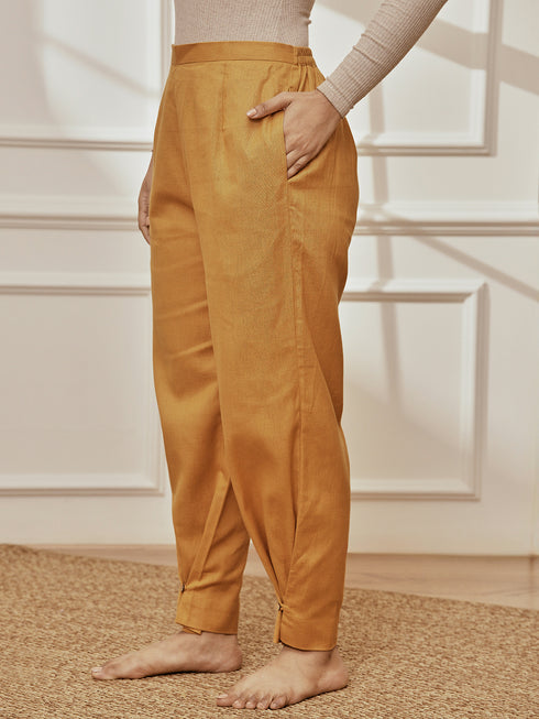 Women's Dusty Saffron Cotton Linen Straight Yoga Pants