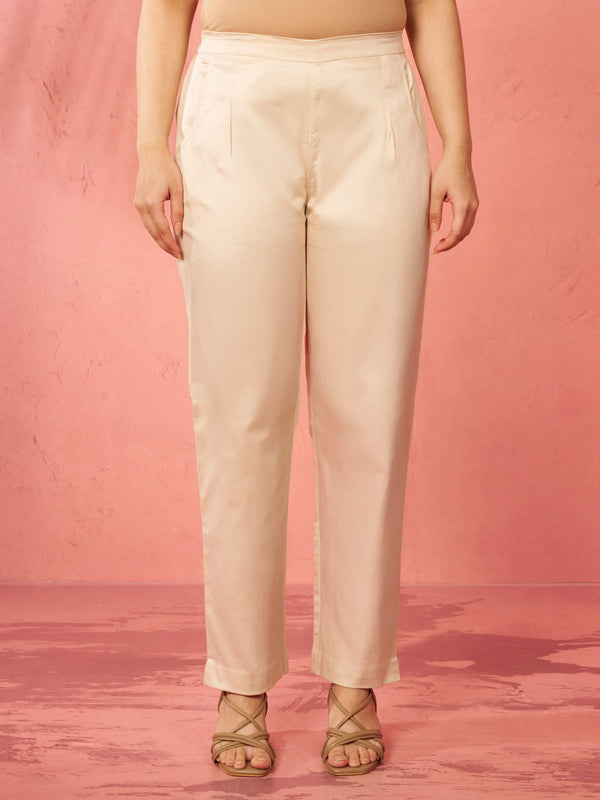 Women's Beige Cotton Lycra Trousers