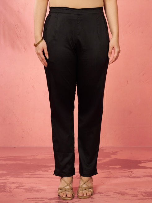 Women's Black Cotton Lycra Trousers