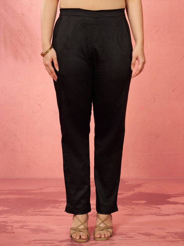 Women's Black Cotton Lycra Trousers
