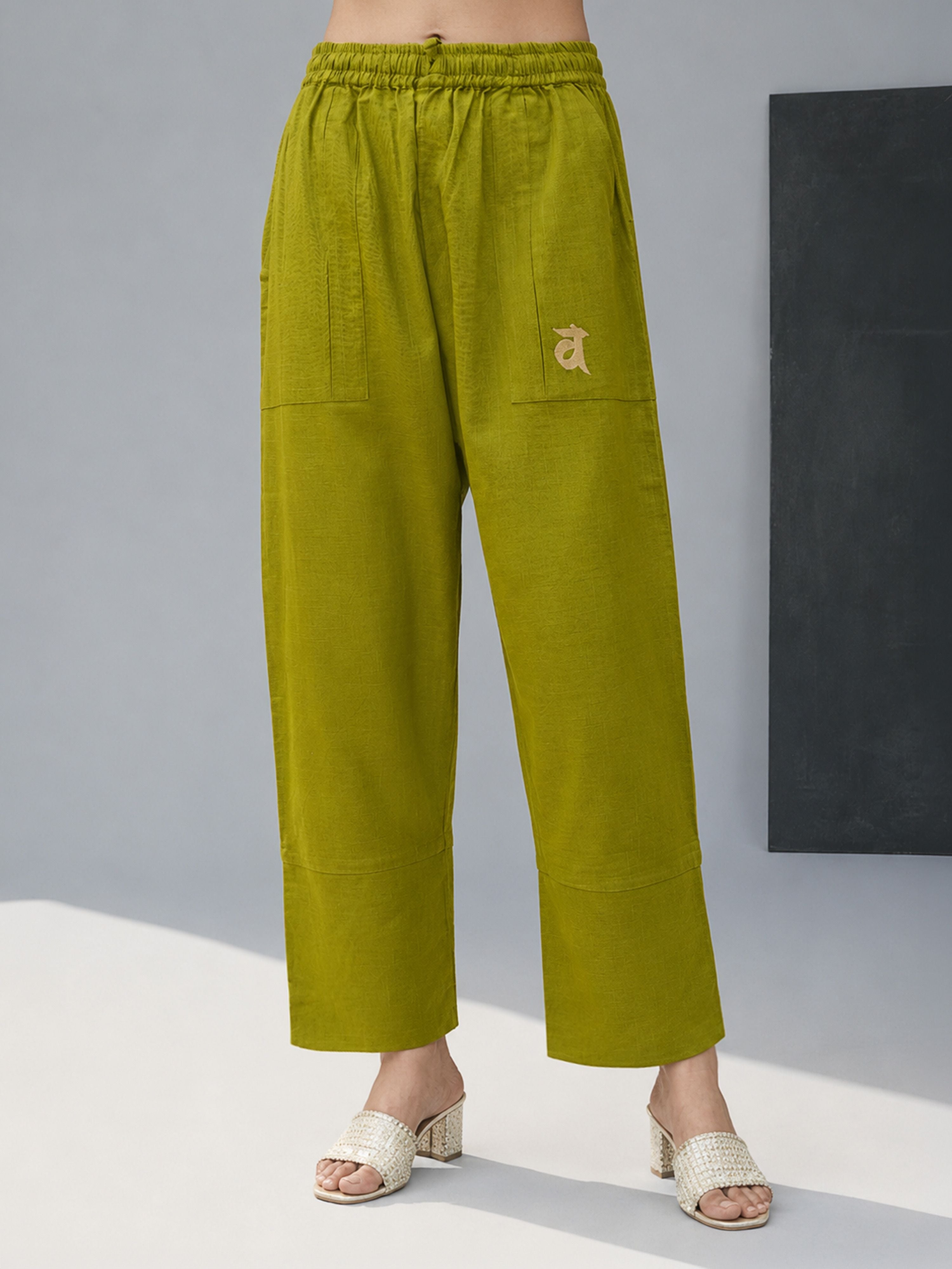 Olive Green Silk-Blend Wide Leg Palazzo Pants for Women