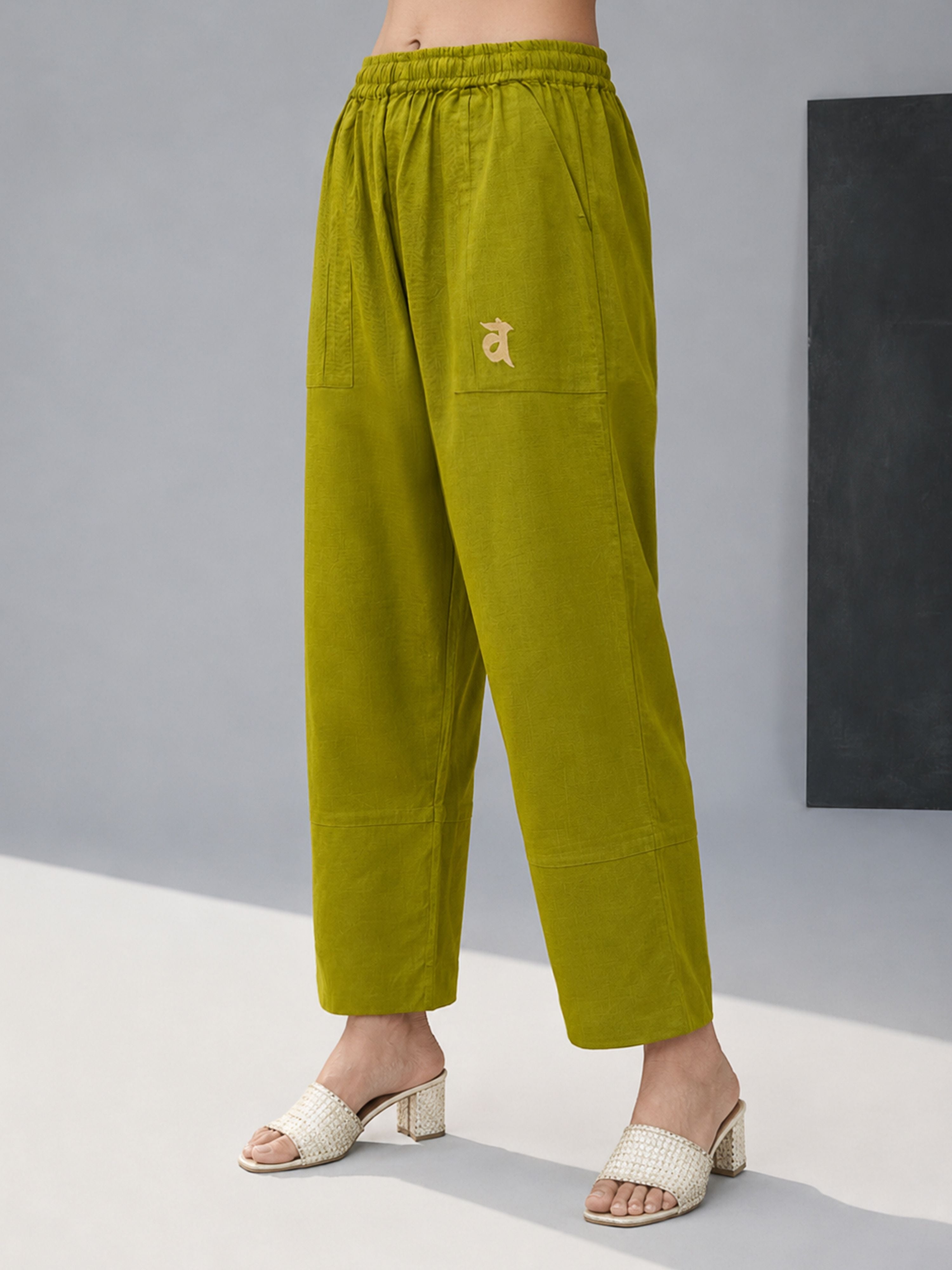Women's Green Silk-Blend Solid Wide Leg