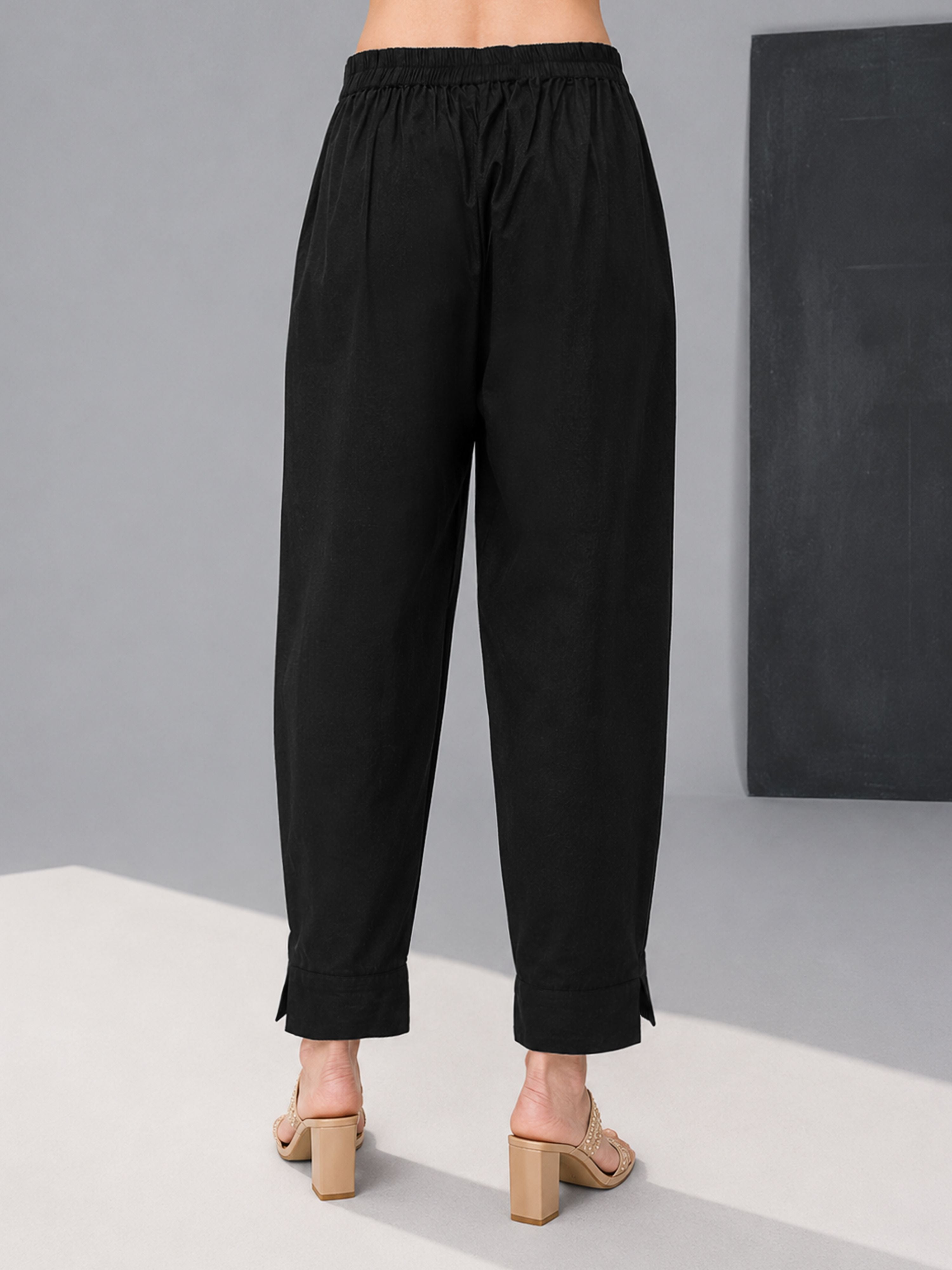 Women's Black Cotton Solid Pant