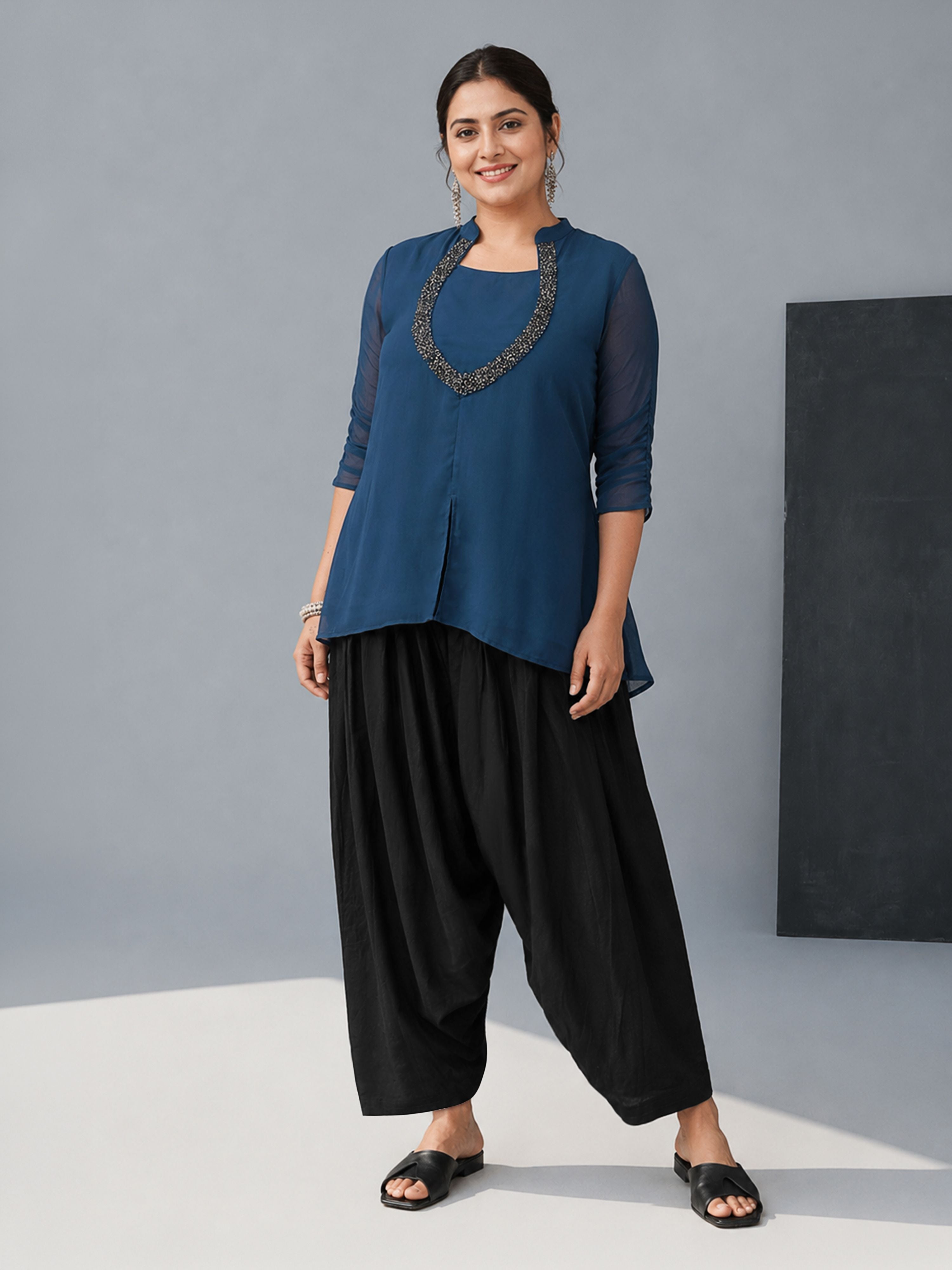 Women's Black Cotton Solid Patiyala