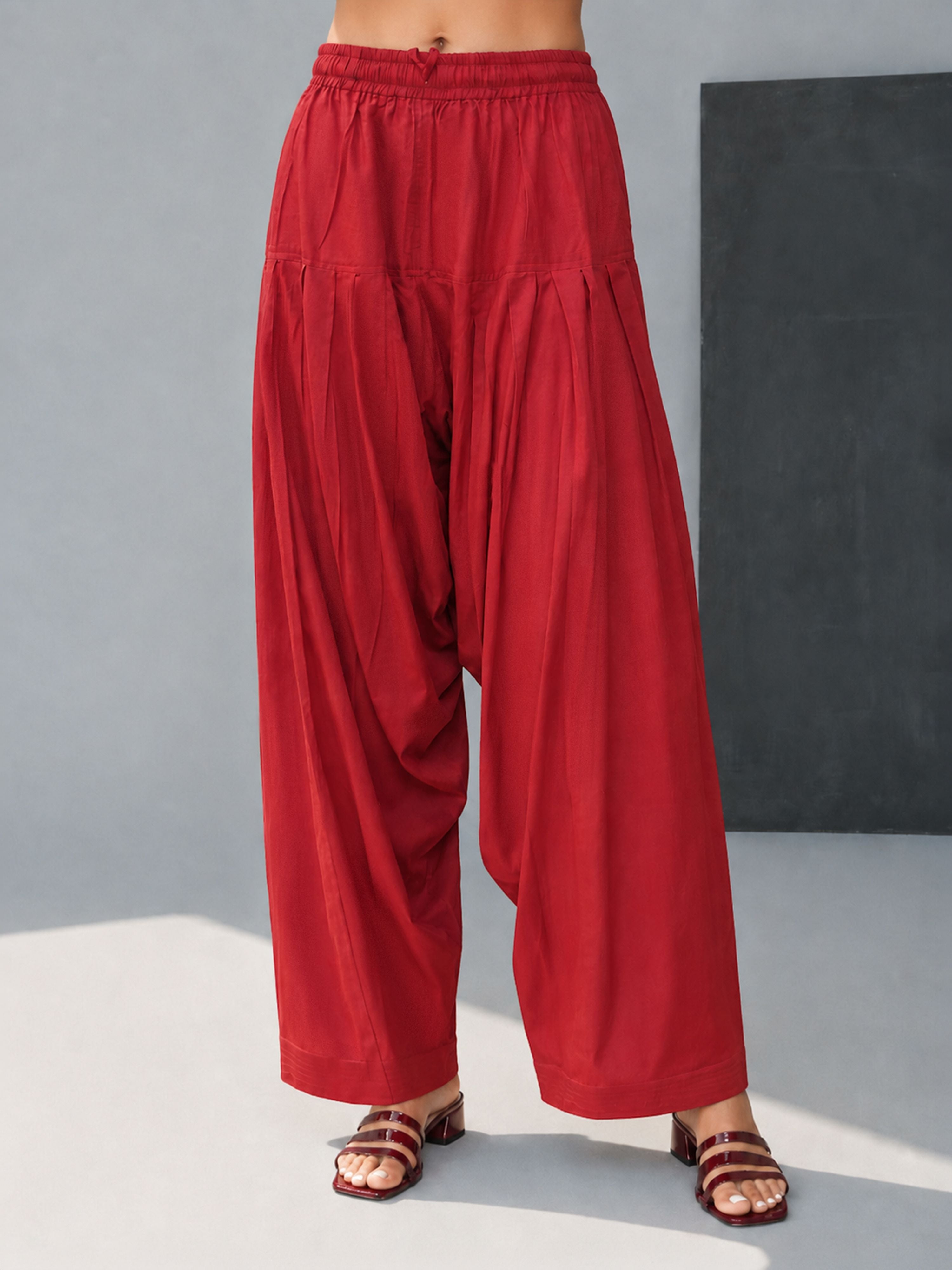 Women Maroon Cotton Cambric Solid Patiala Salwar Pants