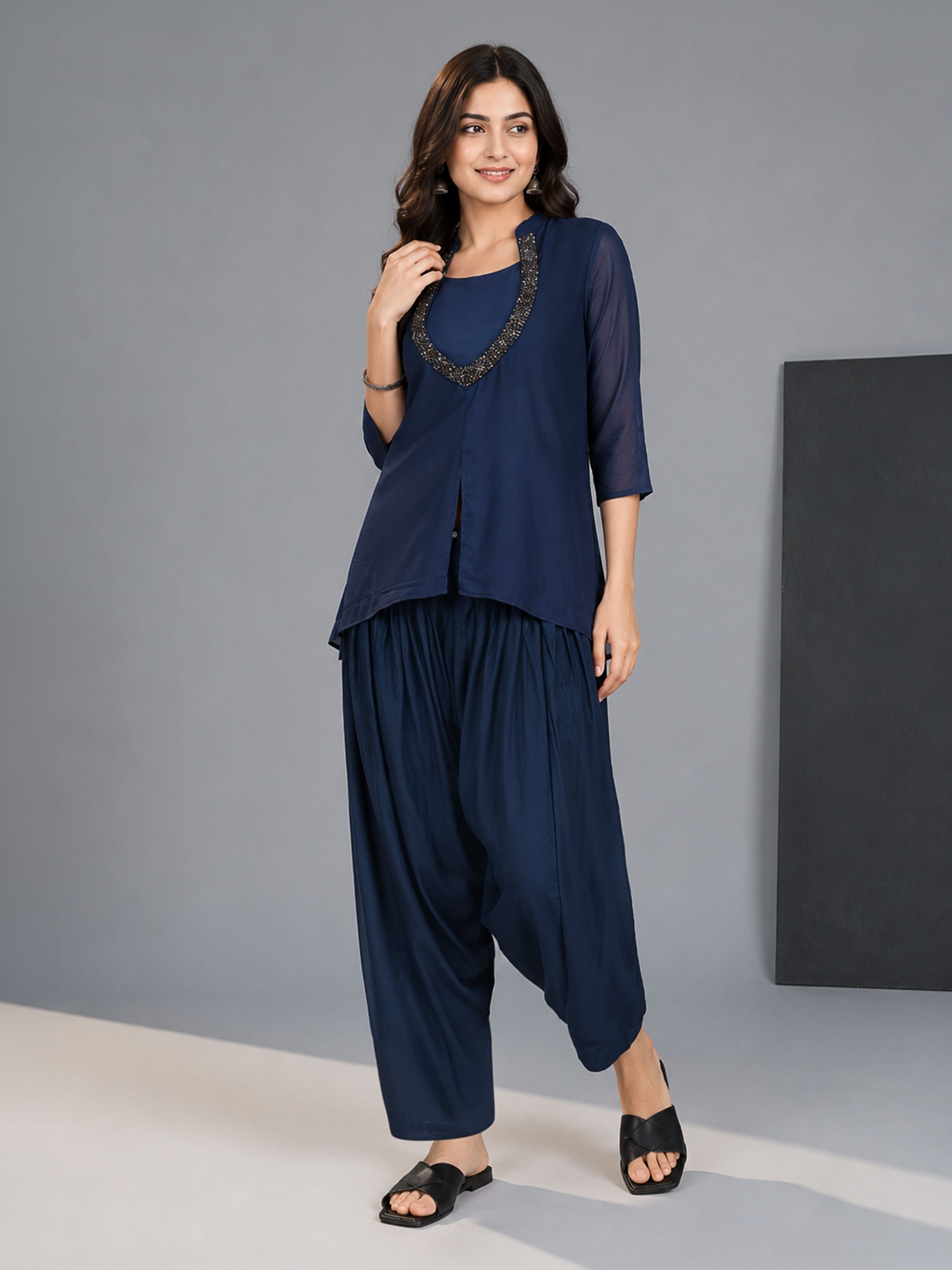 Women's Navy Blue Cambric Cotton Solid Patiyala
