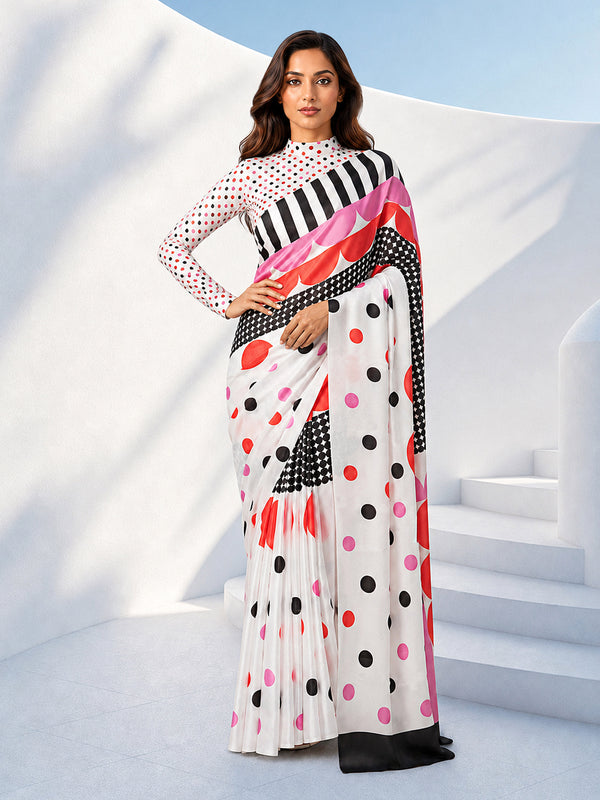 White Silk Blend Polka Dot Saree with Geometric Prints