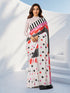 Women's White Polka Dots, Striped Saree with Unstitched Blouse Piece