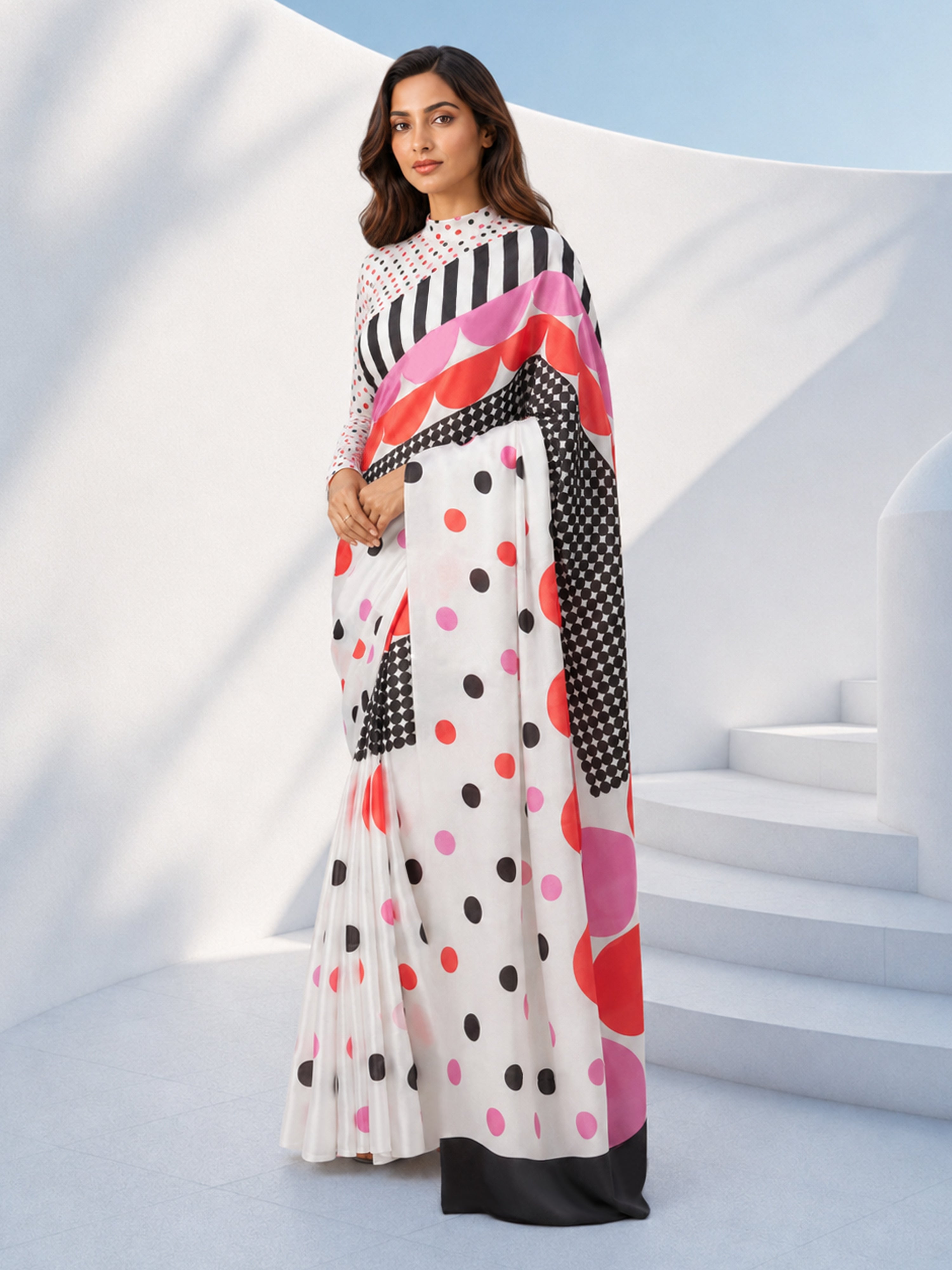 Women's White Polka Dots, Striped Saree with Unstitched Blouse Piece