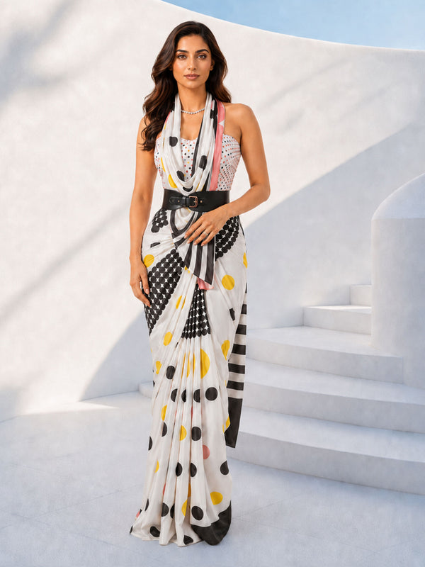 Yellow Silk Blend Polka Dot Printed Saree with Blouse