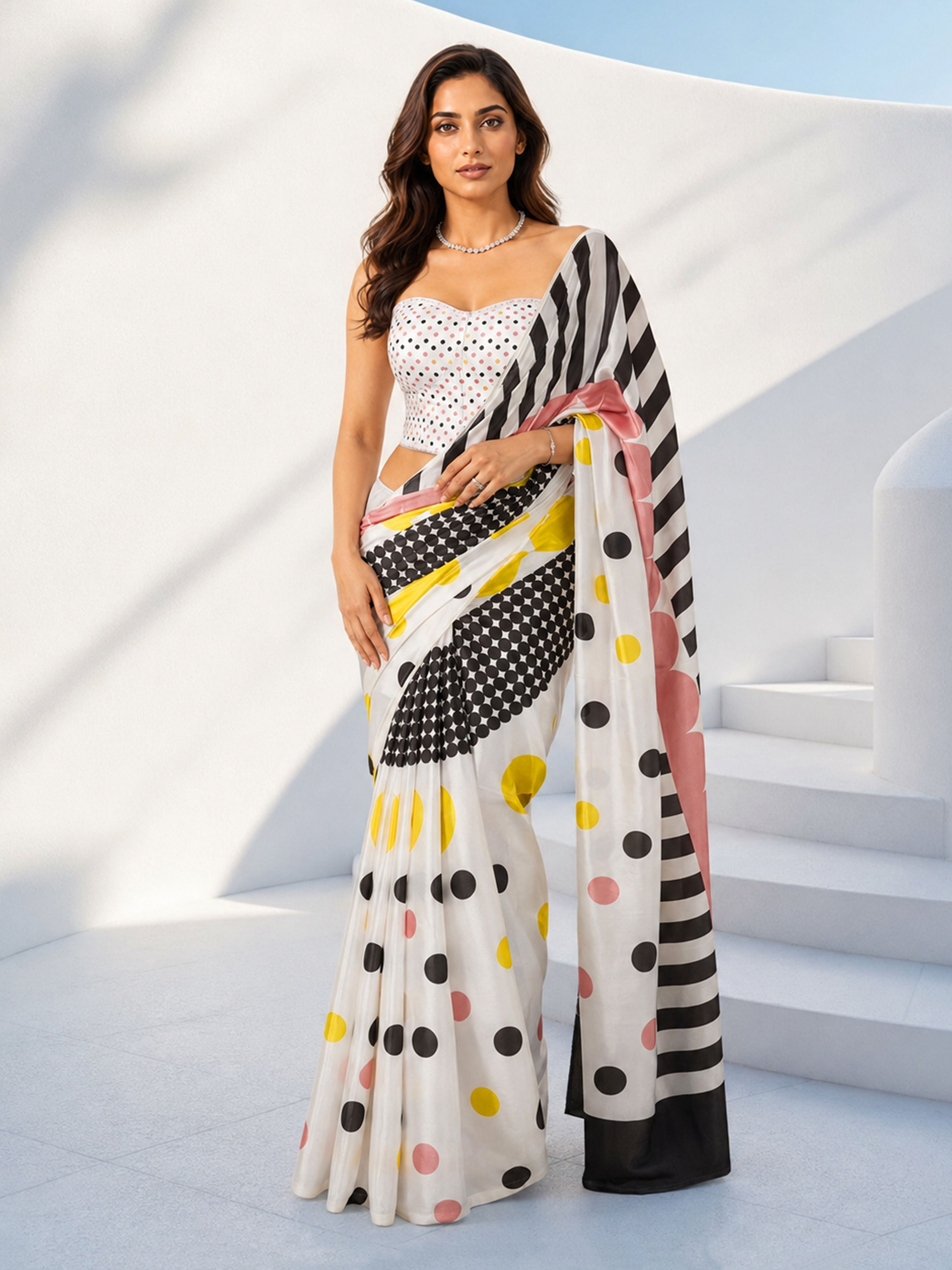 Women's Yellow Silk-Blend Polka Dots Saree With Unstitched Blouse Piece