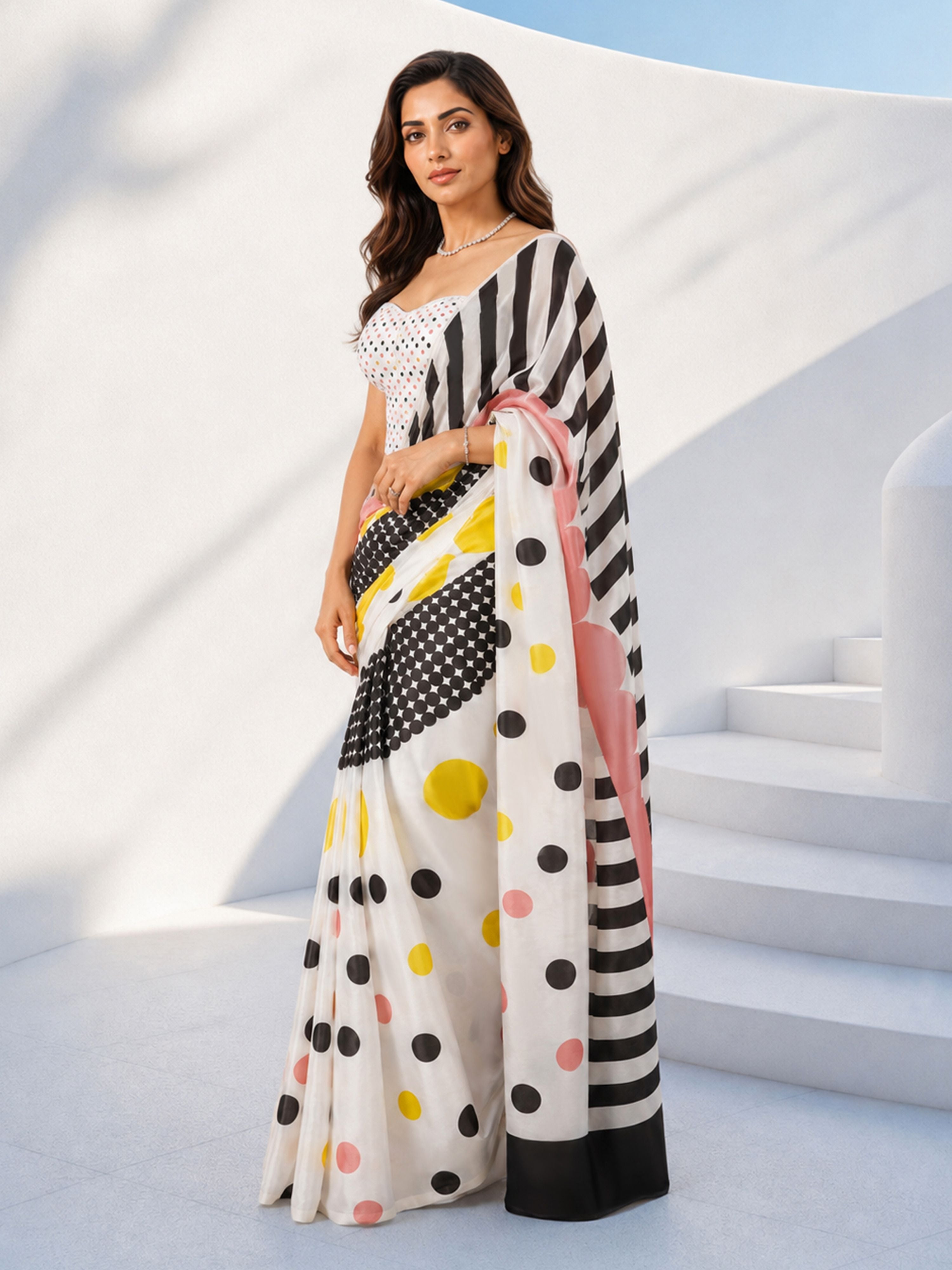 Women's Yellow Silk-Blend Polka Dots Saree With Unstitched Blouse Piece