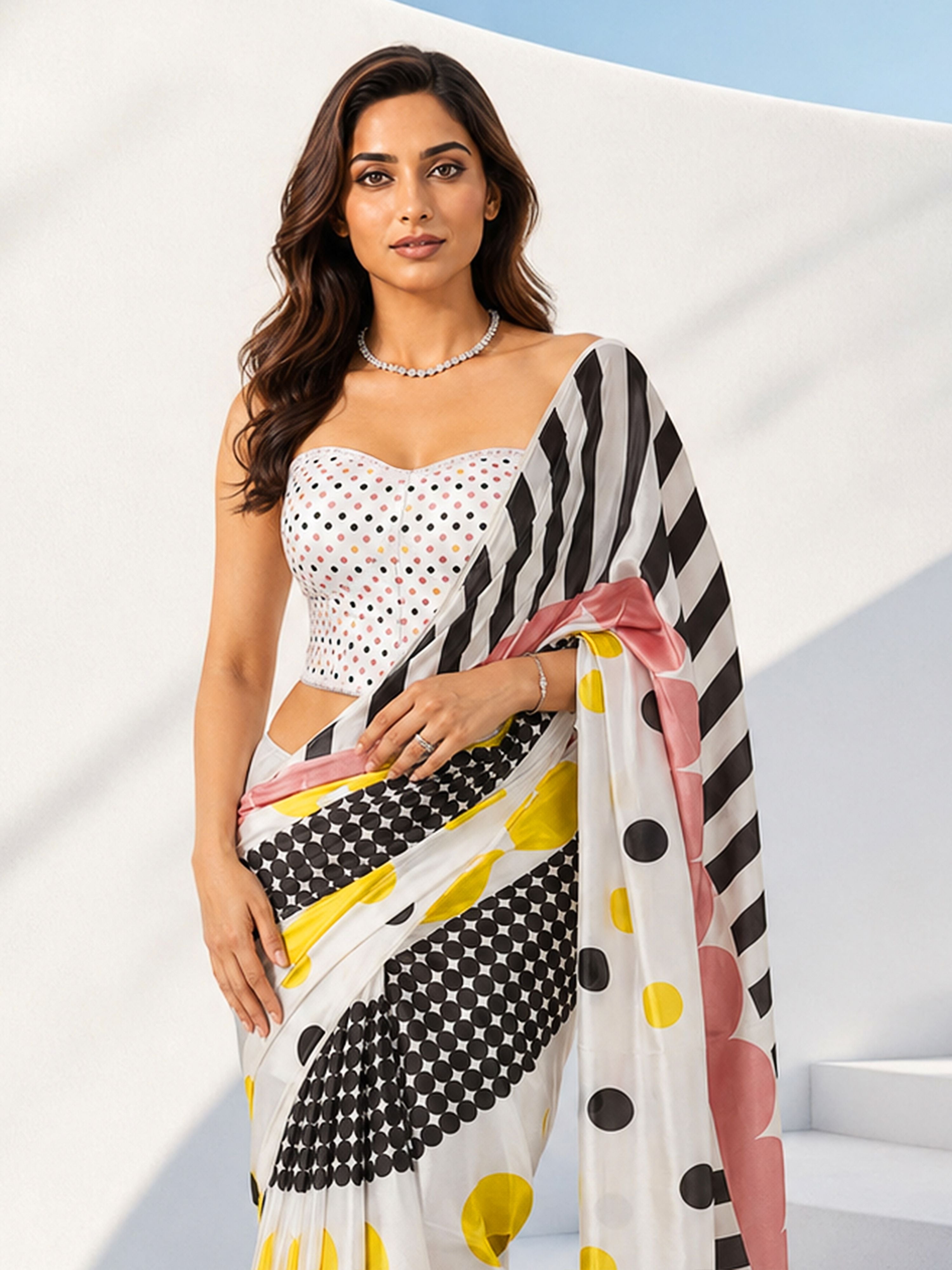 Women's Yellow Silk-Blend Polka Dots Saree With Unstitched Blouse Piece