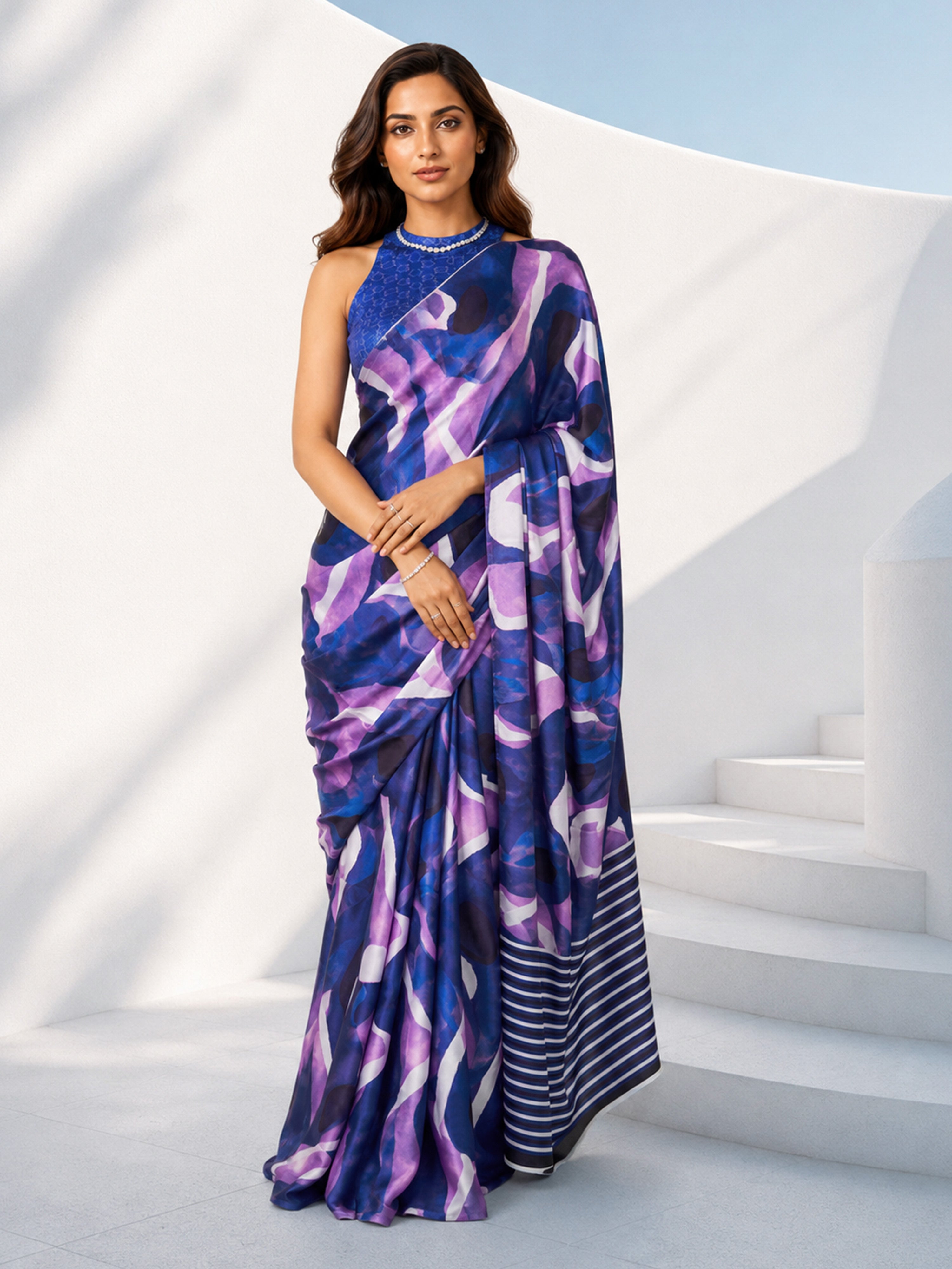 Women's Blue Striped, Abstract Saree with Unstitched Blouse Piece