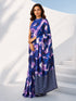 Women's Blue Striped, Abstract Saree with Unstitched Blouse Piece