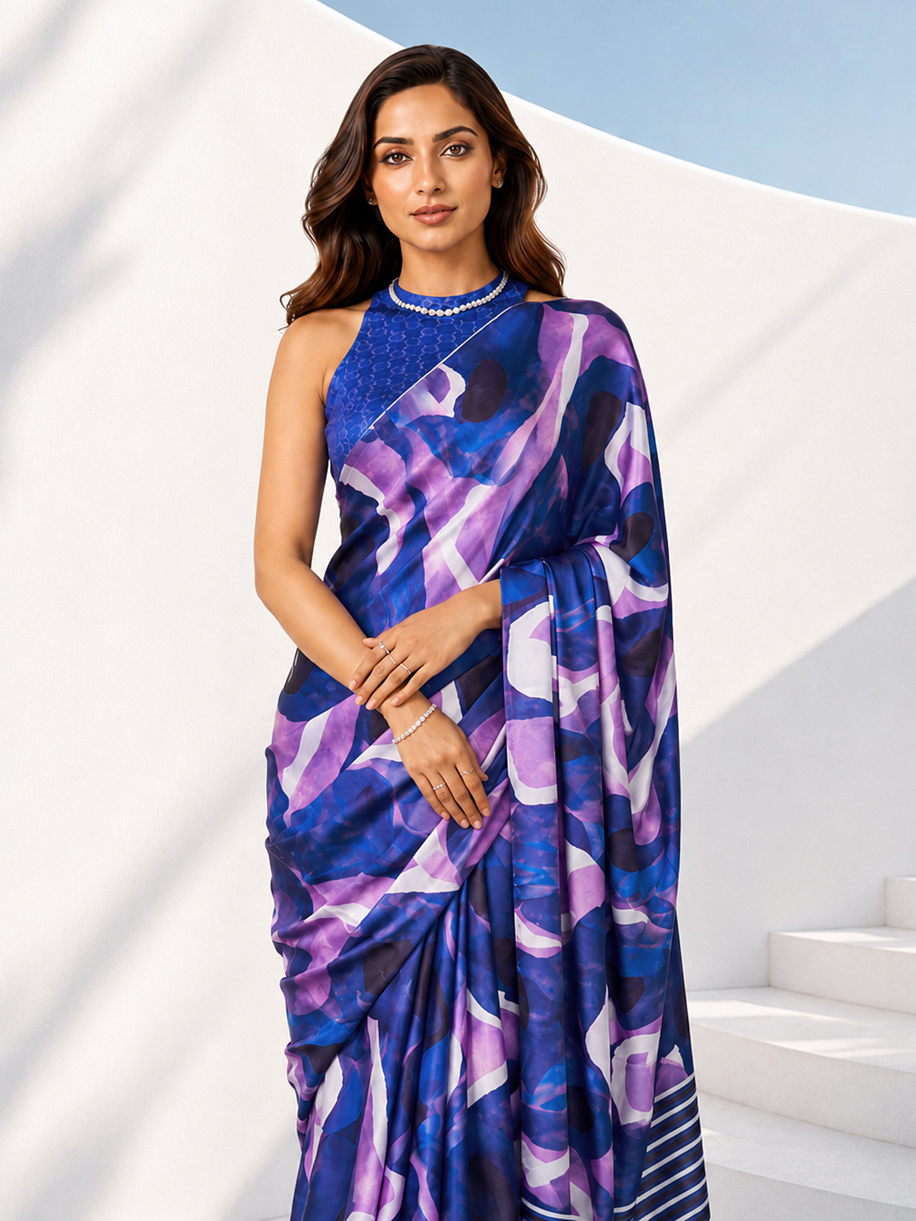 Women's Blue Striped, Abstract Saree with Unstitched Blouse Piece