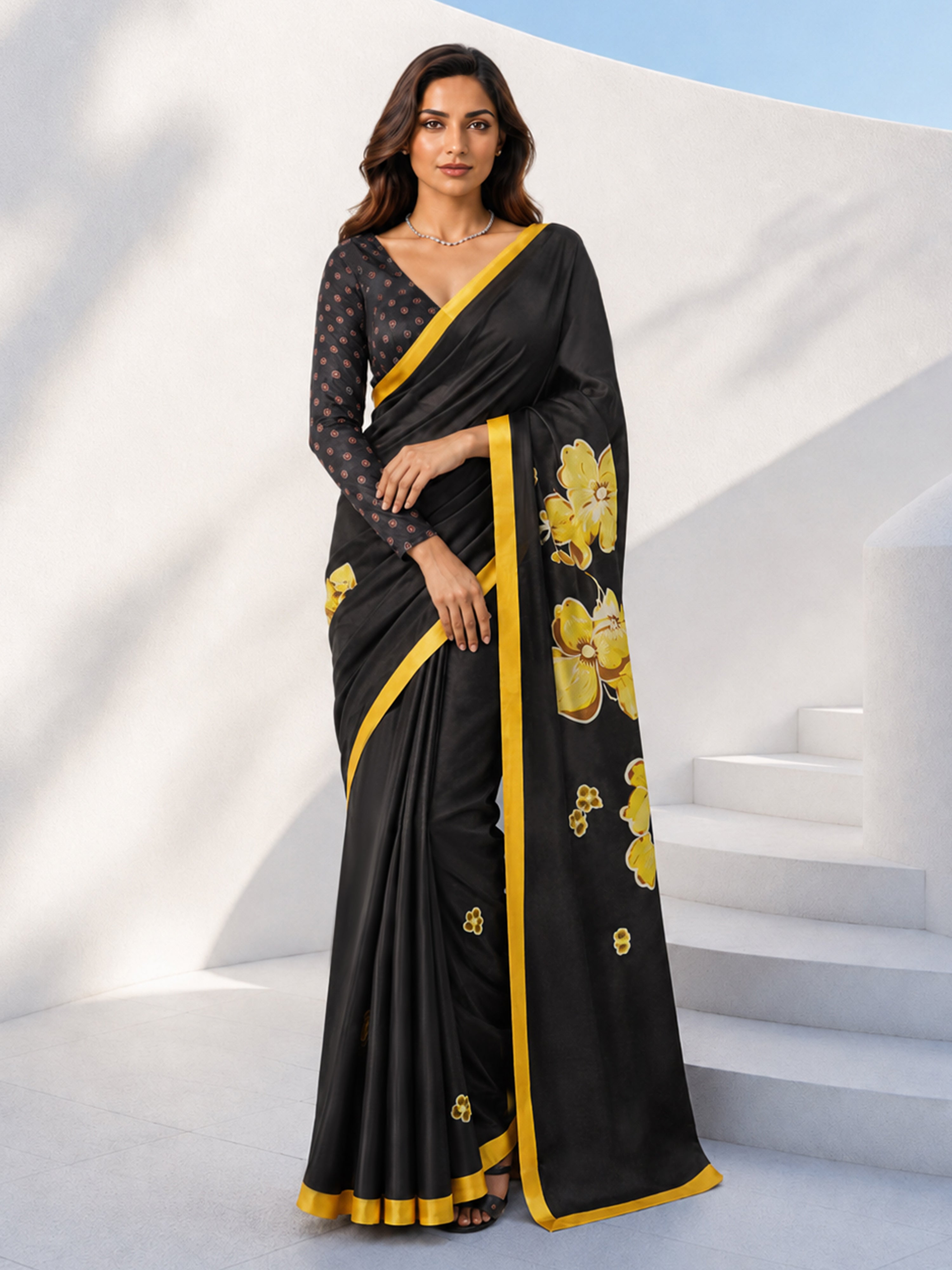 Women's Black Floral Saree with Unstitched Blouse Piece