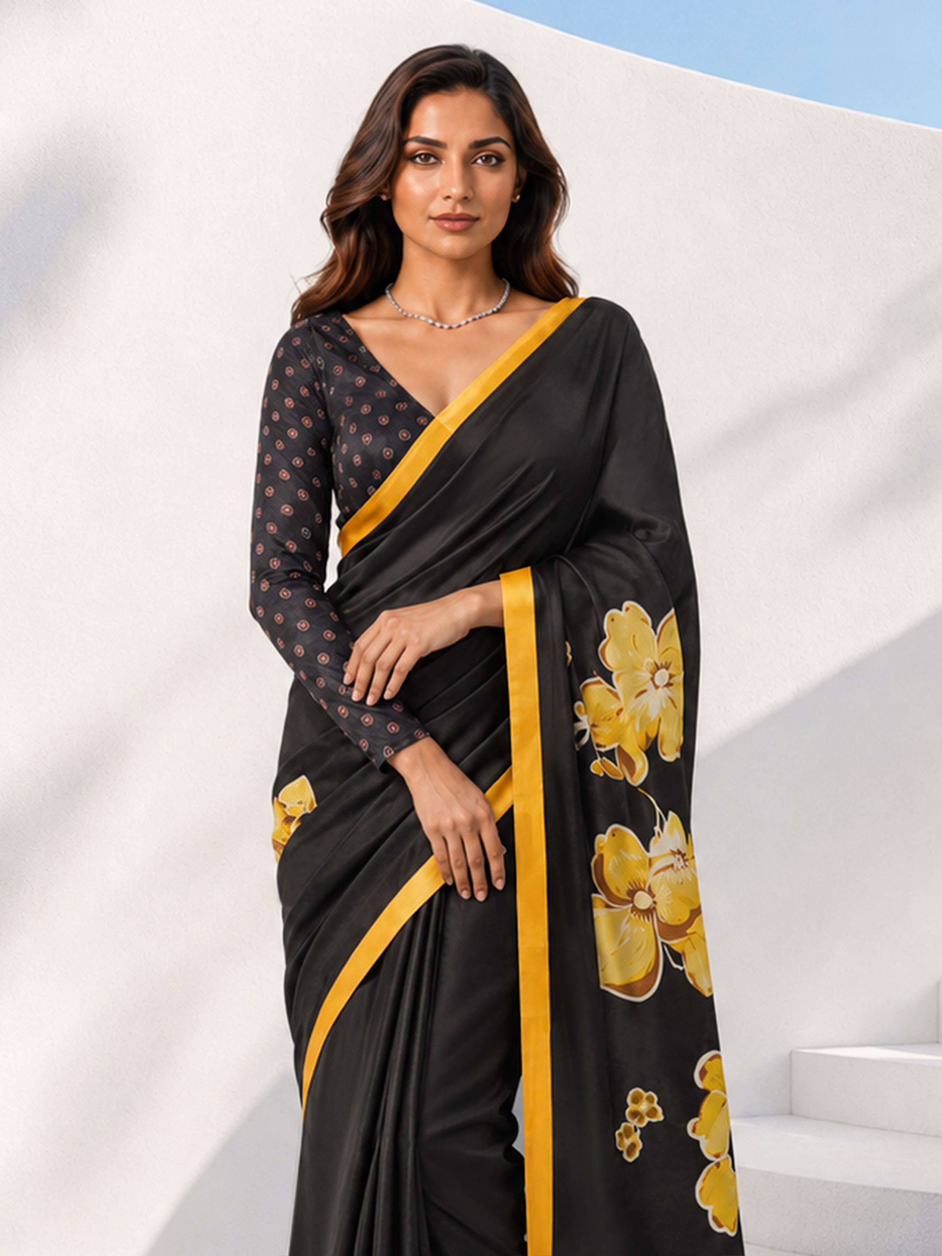 Women's Black Floral Saree with Unstitched Blouse Piece