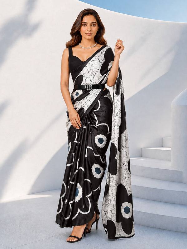 White Silk Blend Floral Printed Saree with Blouse Piece