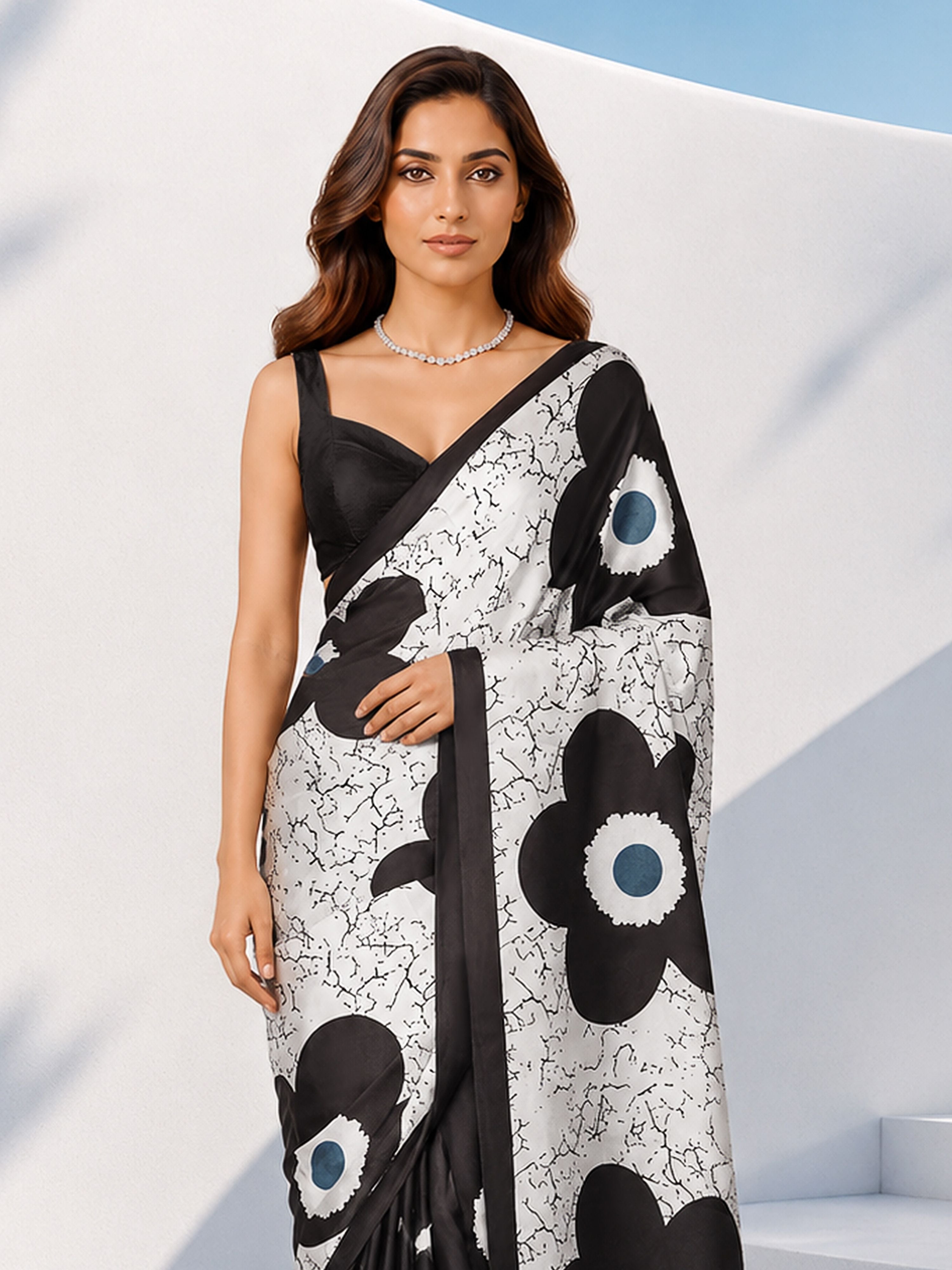 Women's White Silk-Blend Floral Print Saree With Unstitched Blouse Piece