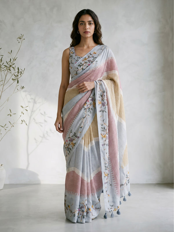 Multicolor Silk Blend Floral Printed Saree with Tassels