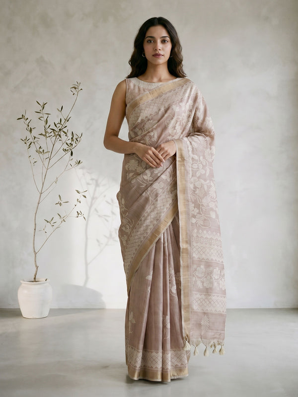 Beige Silk Blend Jacquard Woven Saree with Tassels