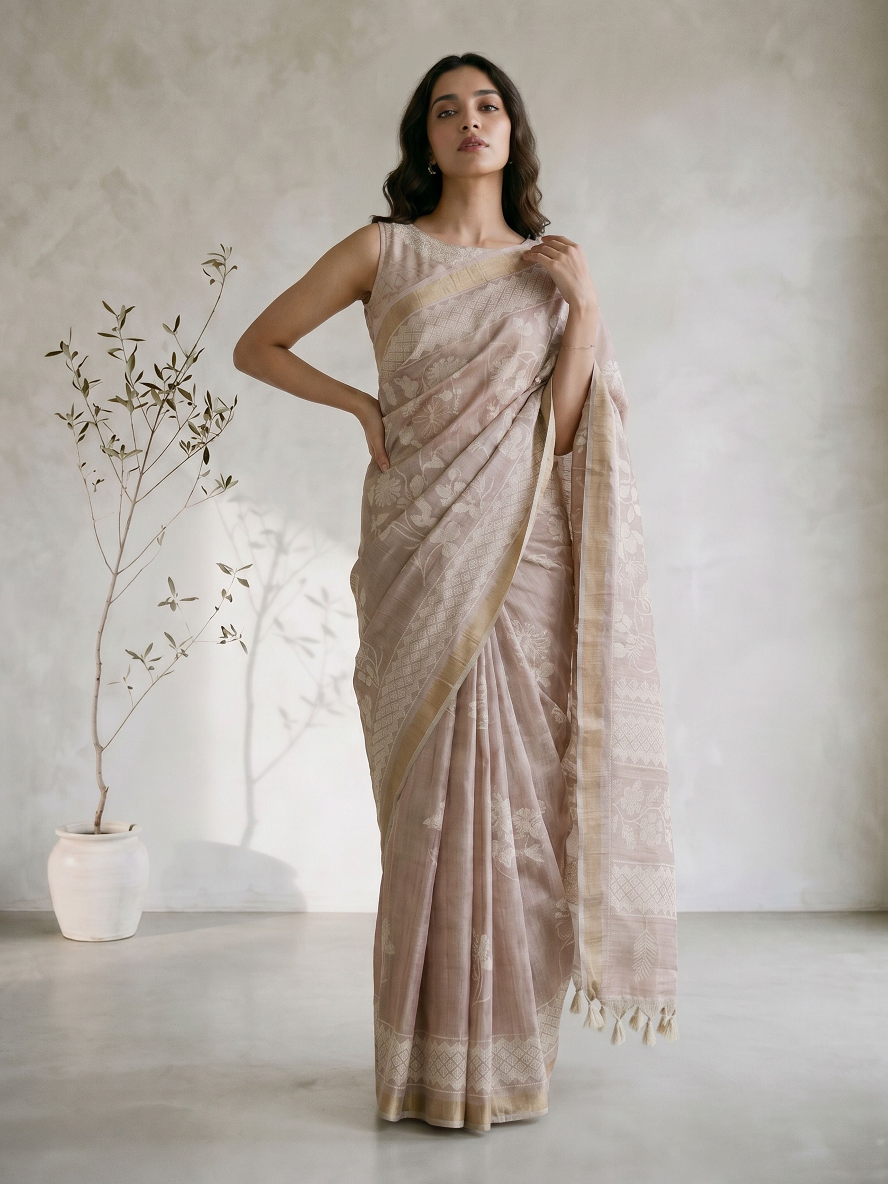 Women's Beige Silk-Blend Self Design Saree With Unstitched Blouse Piece