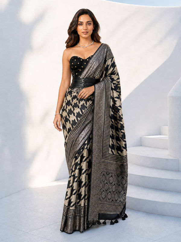 Black Silk Blend Ajrakh Printed Saree with Tassels