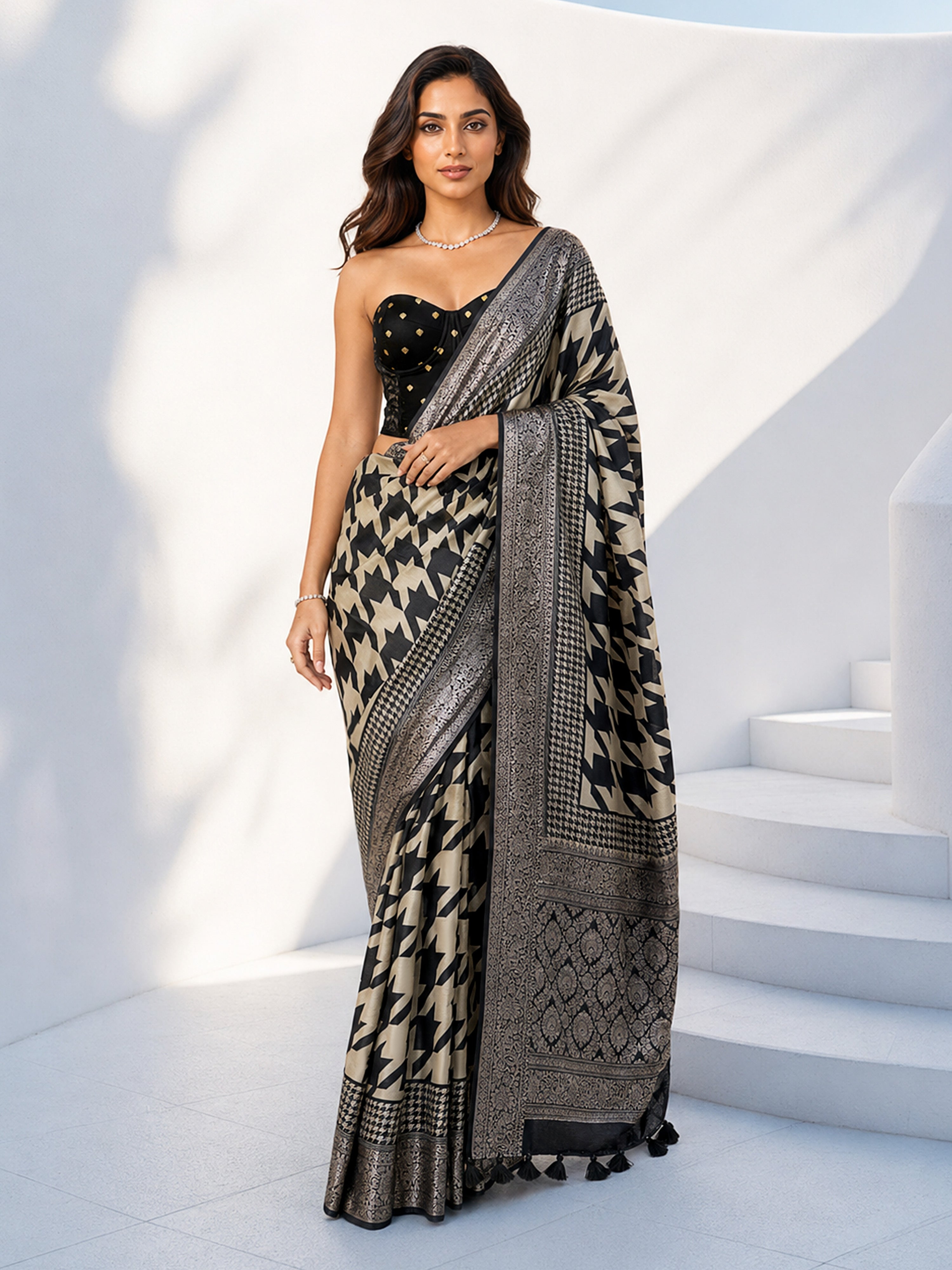 Women's Black Silk-Blend Ajrakh Saree With Unstitched Blouse Piece