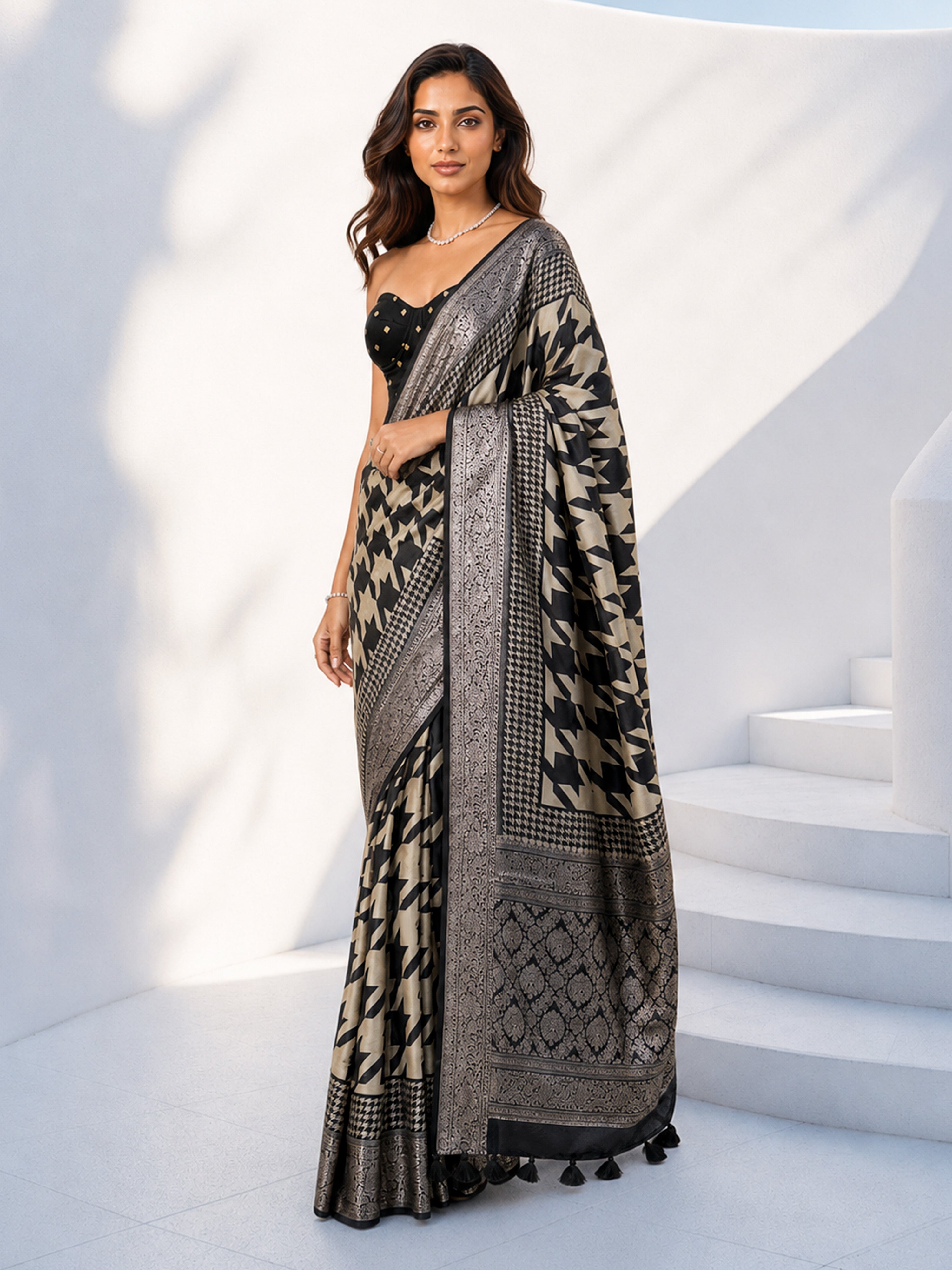 Women's Black Silk-Blend Ajrakh Saree With Unstitched Blouse Piece