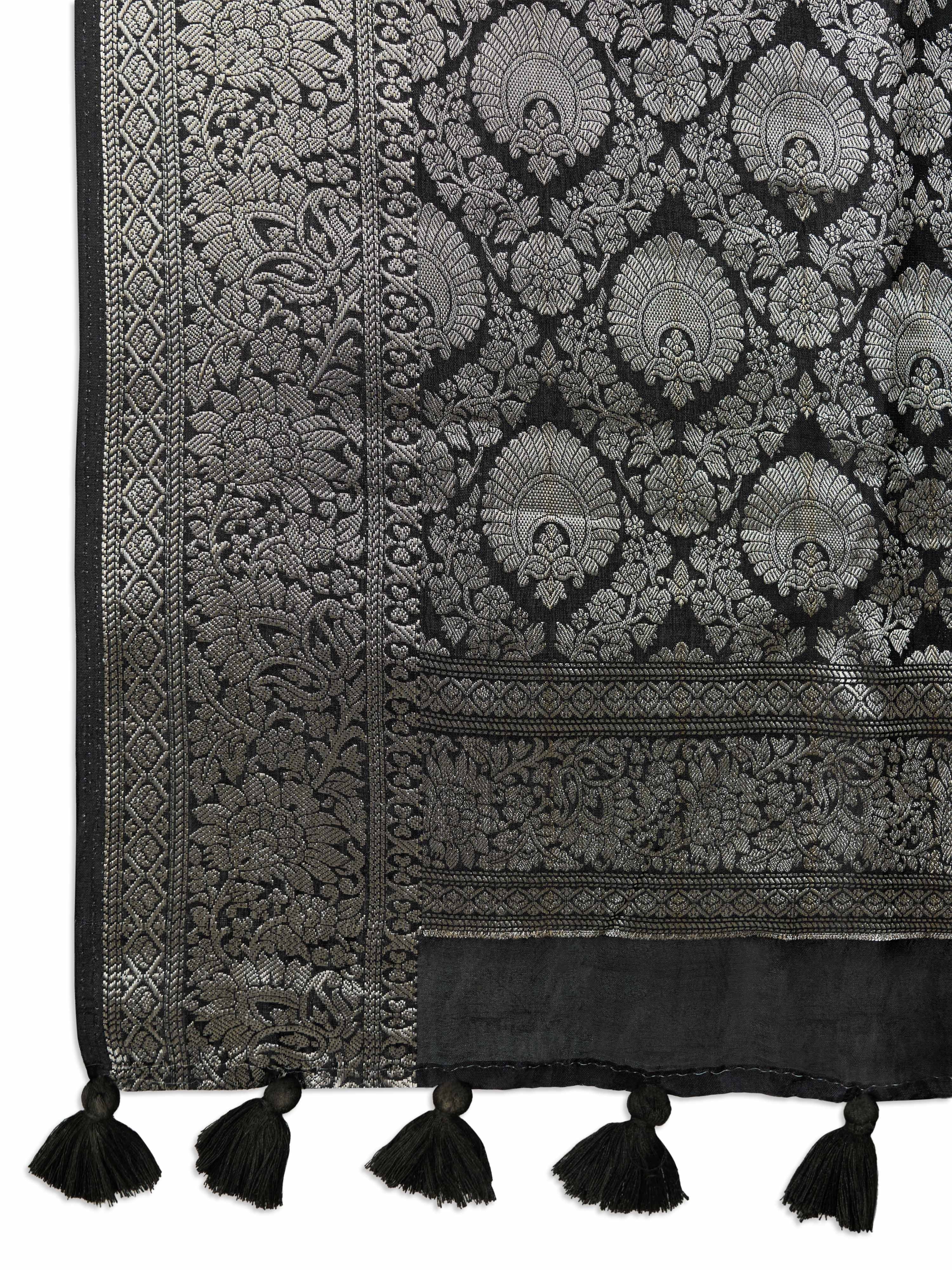 Women's Black Silk-Blend Ajrakh Saree With Unstitched Blouse Piece