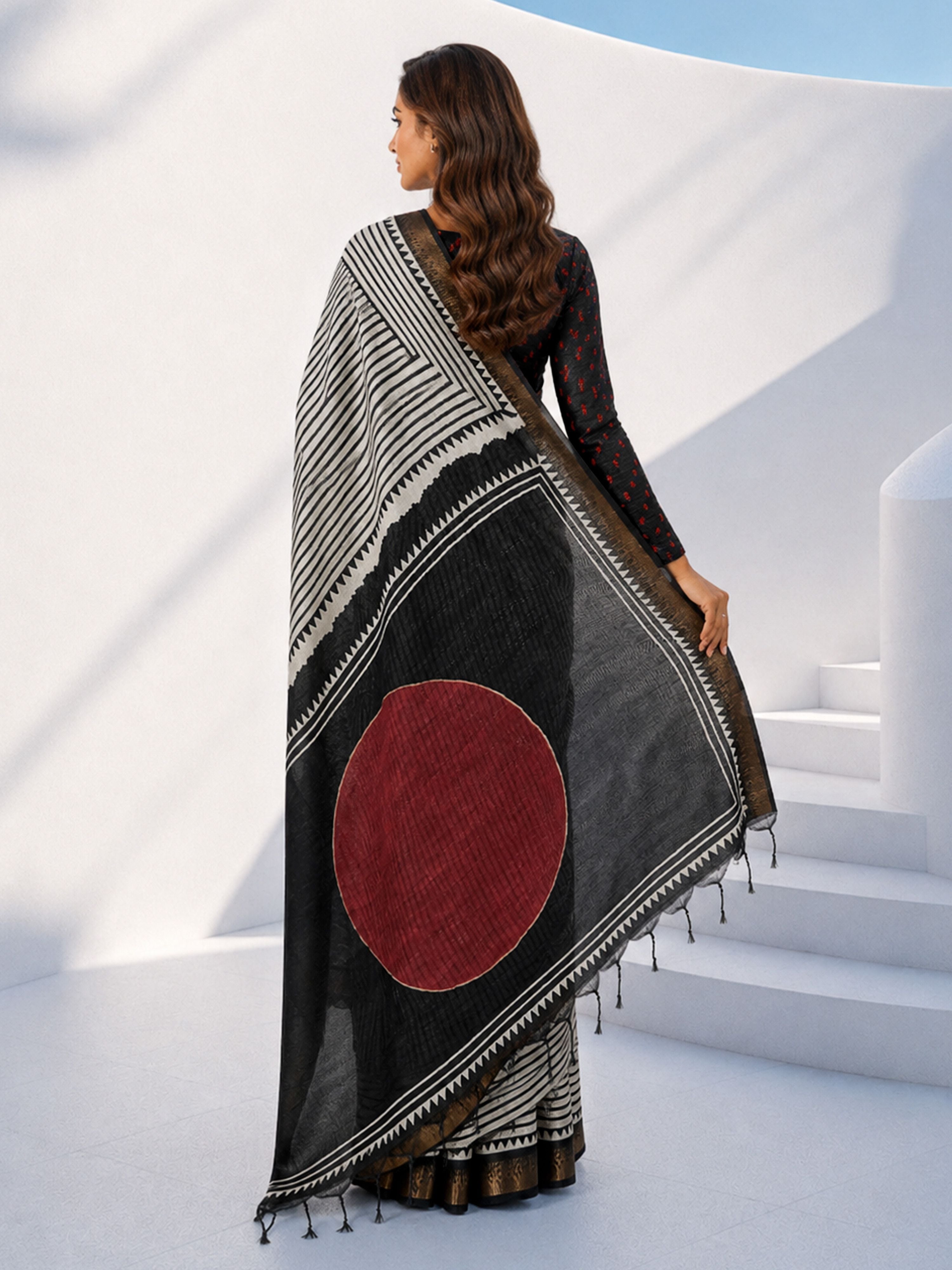 Women's Black Silk-Blend Geometric Print Saree With Unstitched Blouse Piece