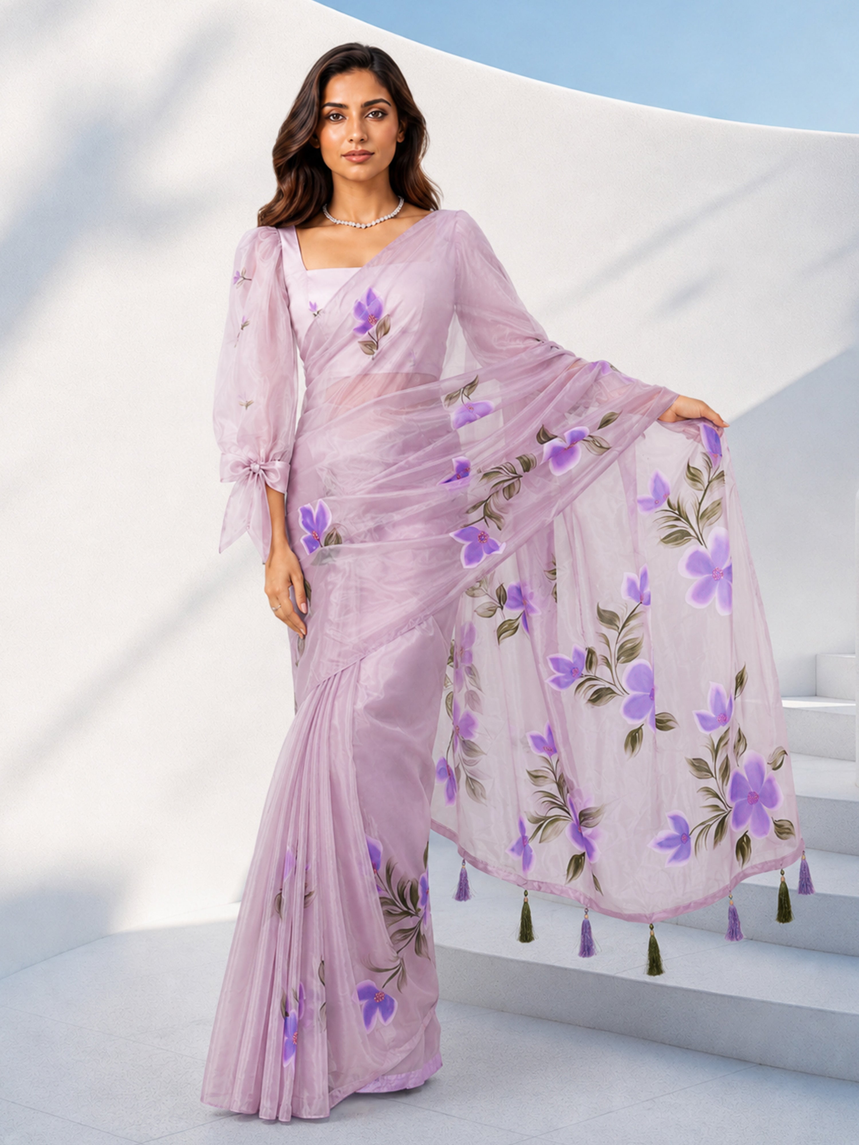 Lavender Floral Print Organza Saree with Stonework