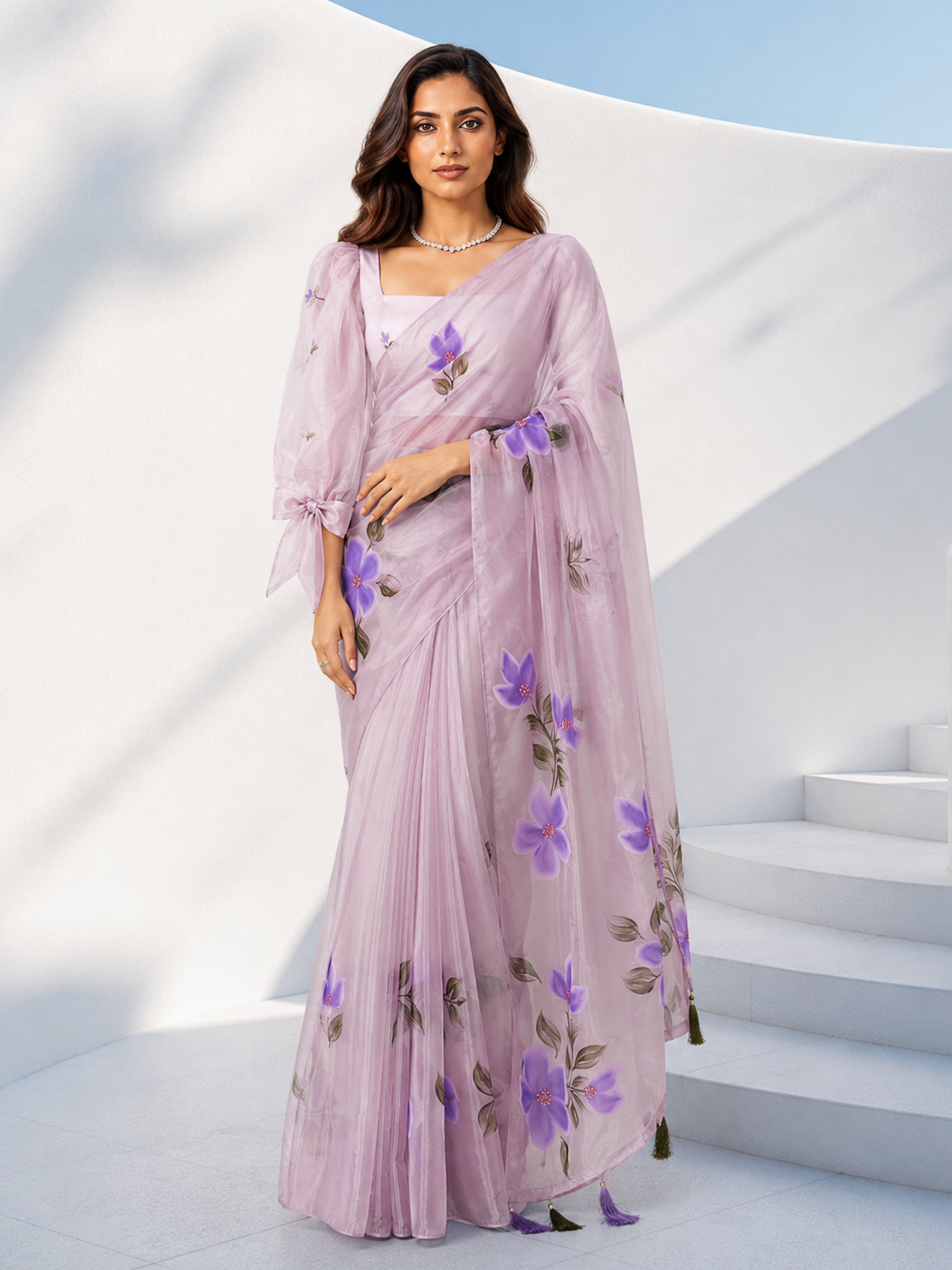 Women's Purple Floral Saree with Unstitched Blouse Piece