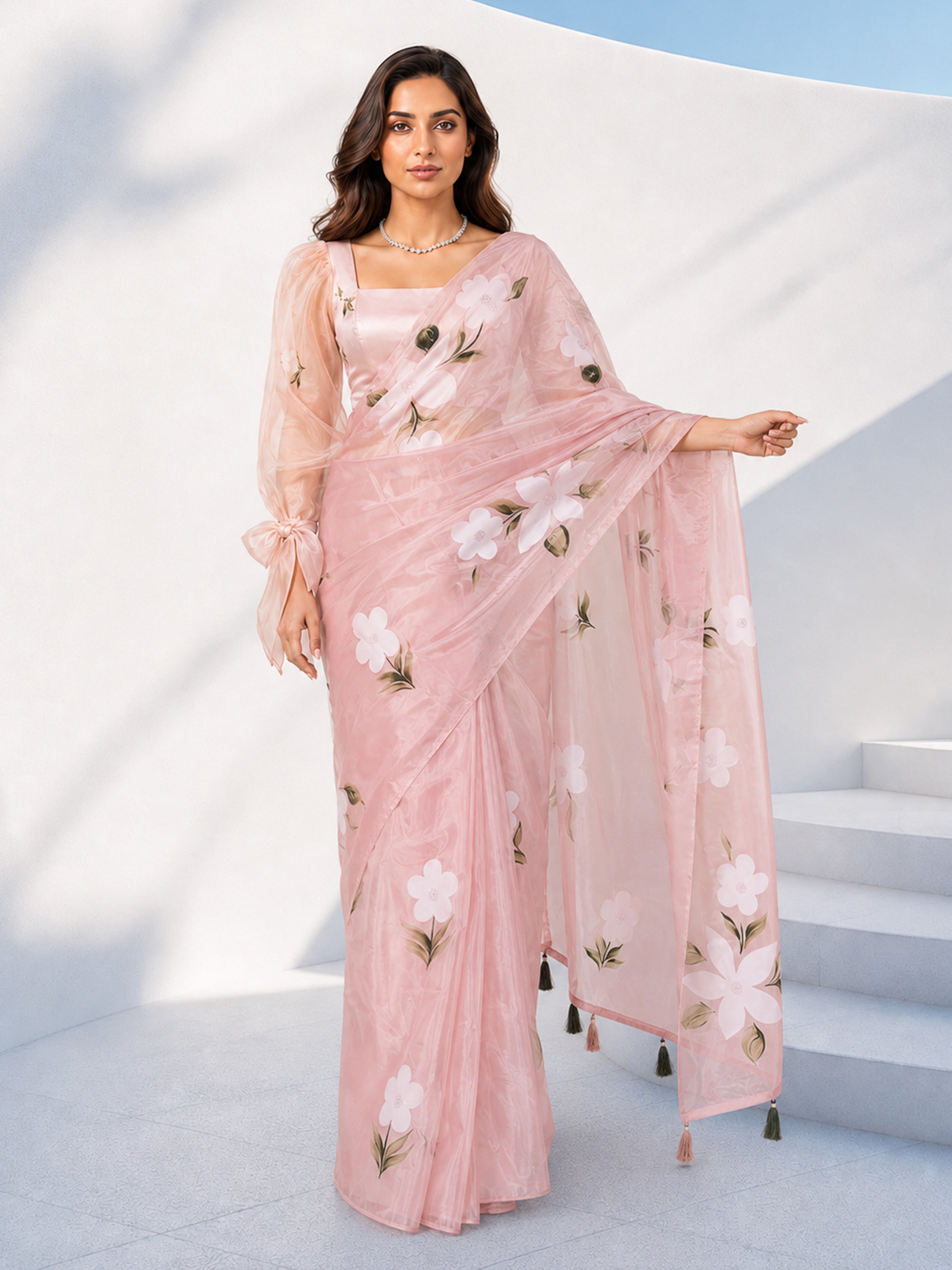 Women's Pink Floral Print Organza Saree for Festive Wear