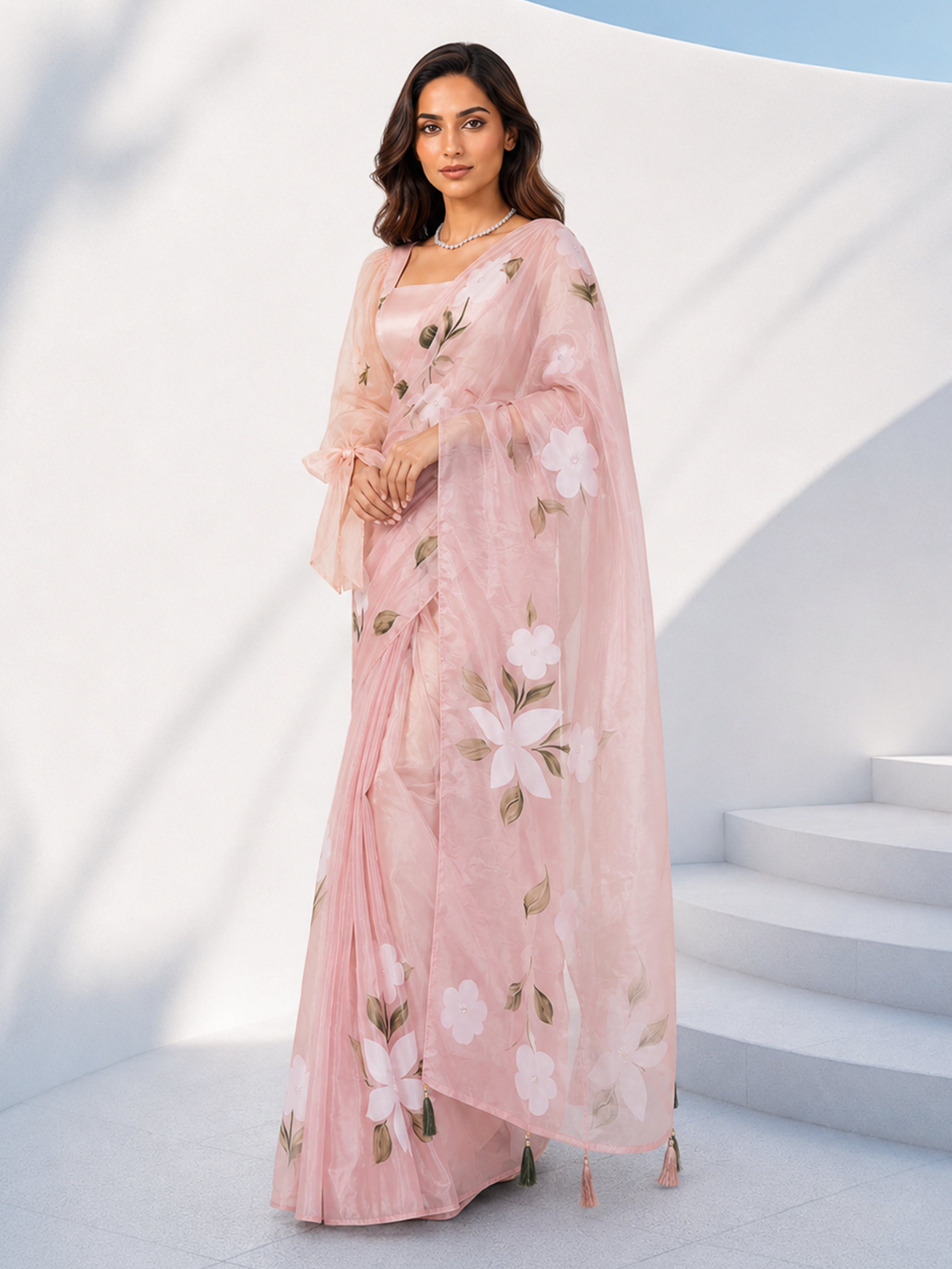 Women's Pink Floral Saree with Unstitched Blouse Piece