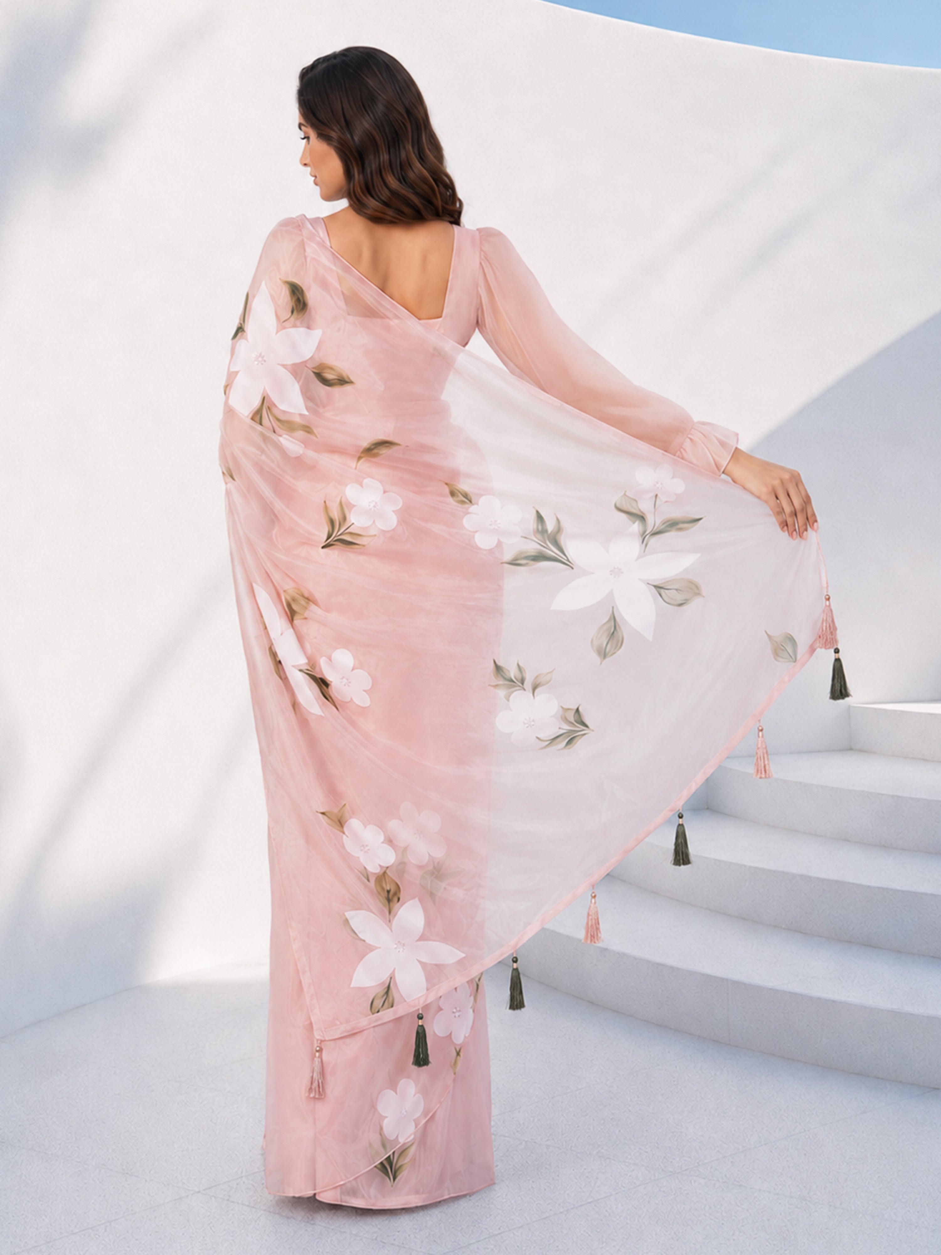 Women's Pink Floral Saree with Unstitched Blouse Piece