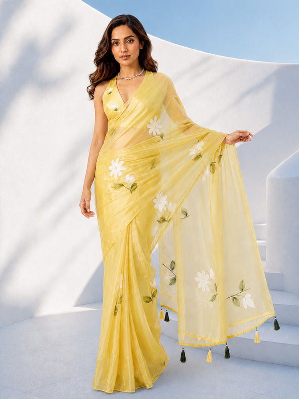Yellow Organza Floral Print Saree with Tassel Pallu