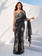 Black Organza Abstract Print Saree with Tassels | VASTRAMAY